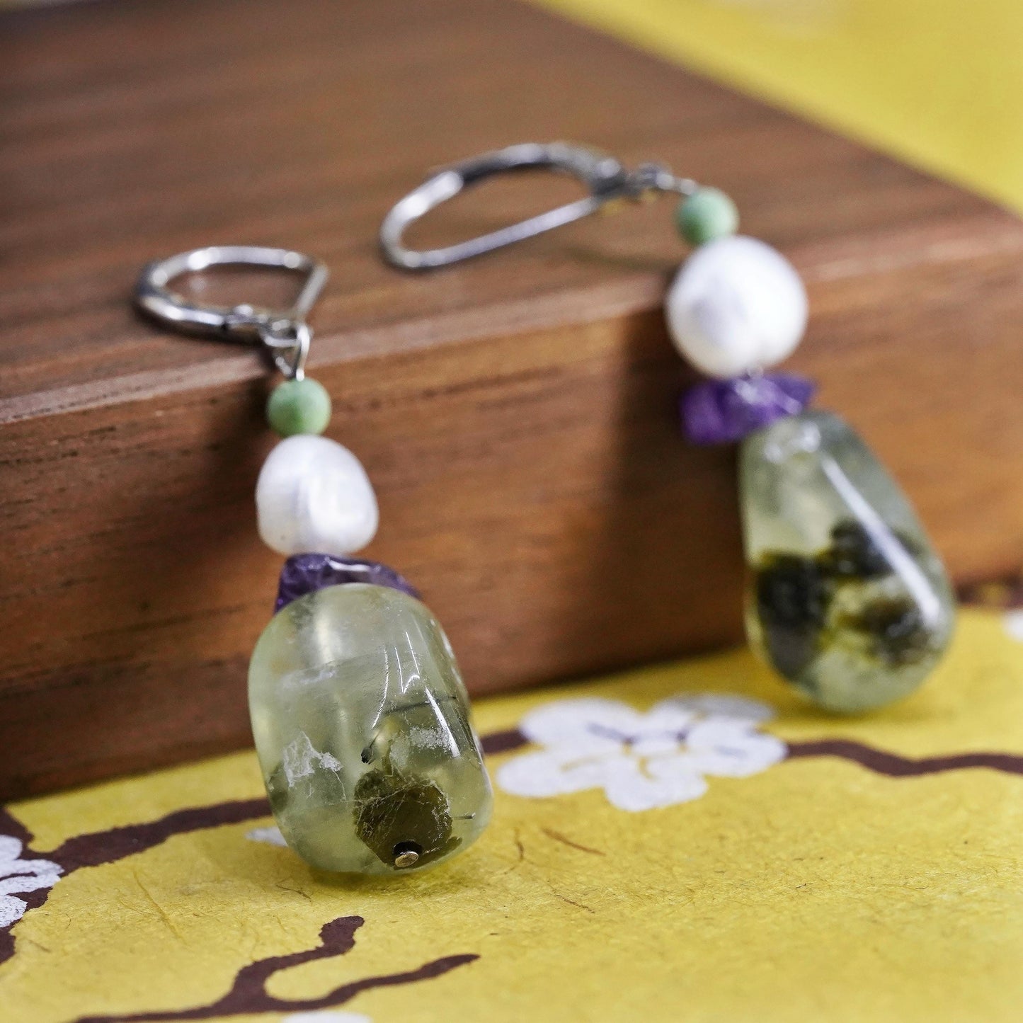 Sterling silver 925 handmade earrings with pearl prehnite amethyst nuggets