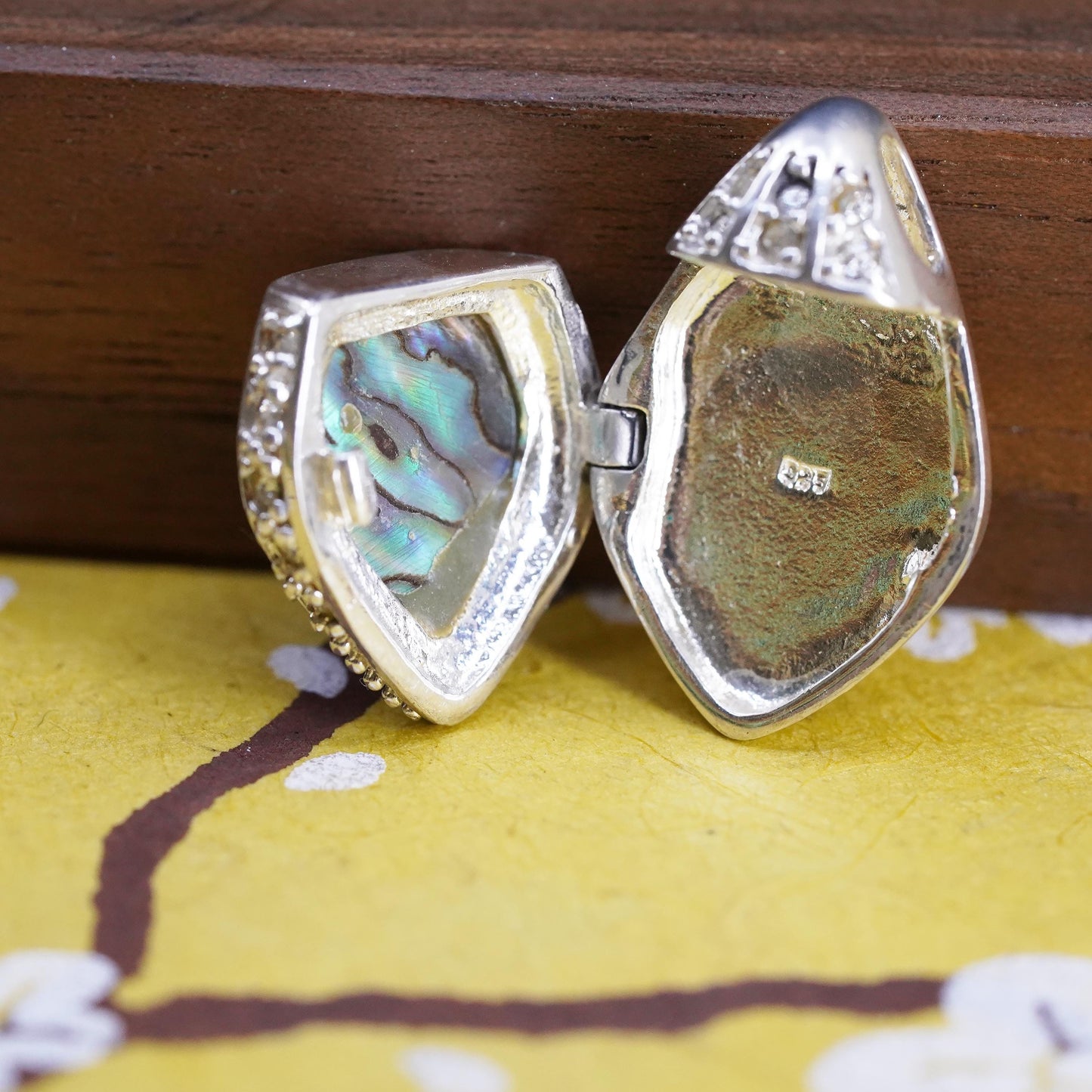 Vintage Sterling silver handmade abalone pendant, 925 photo locket with cz