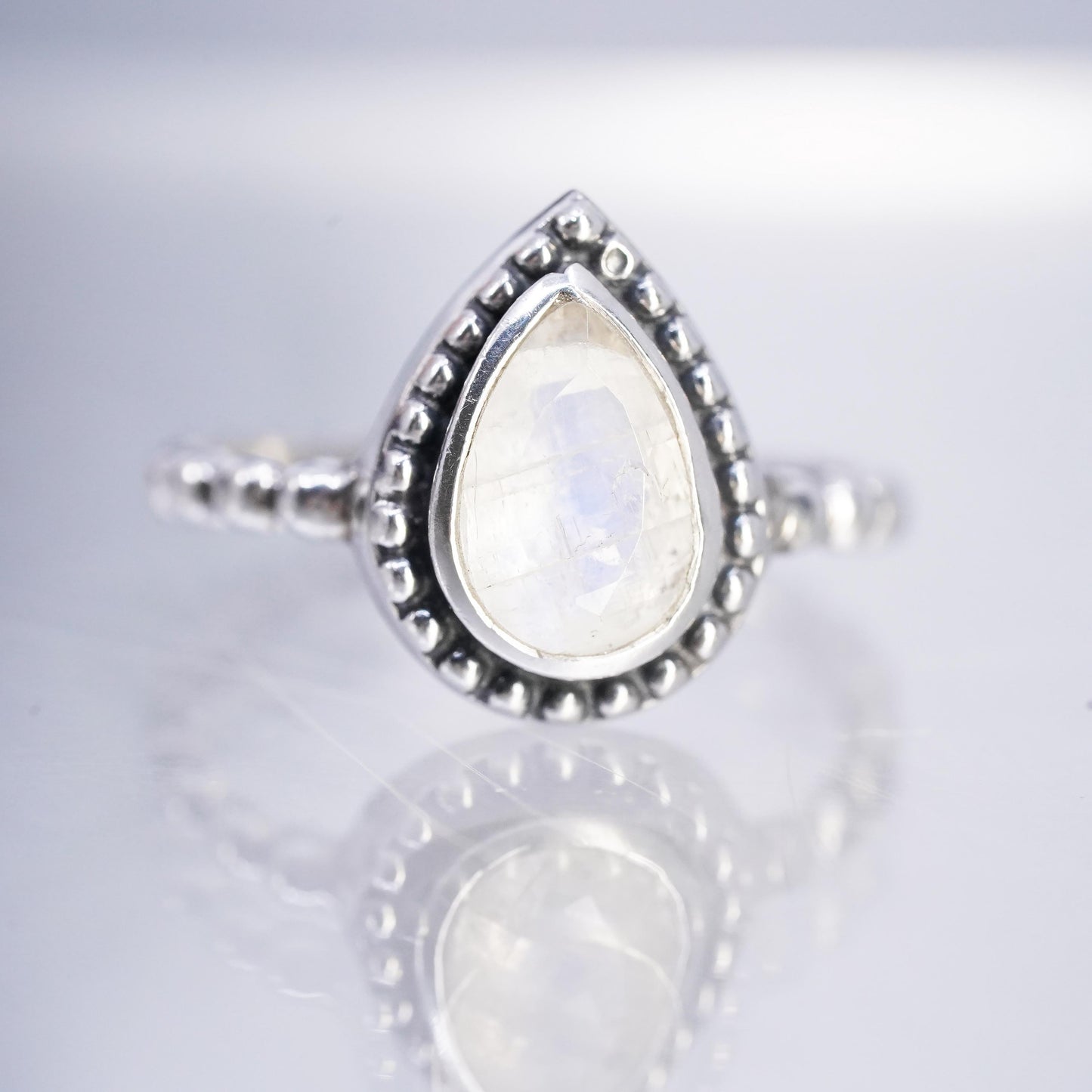 Size 7.25, YS Sterling 925 silver handmade beaded ring with teardrop moonstone