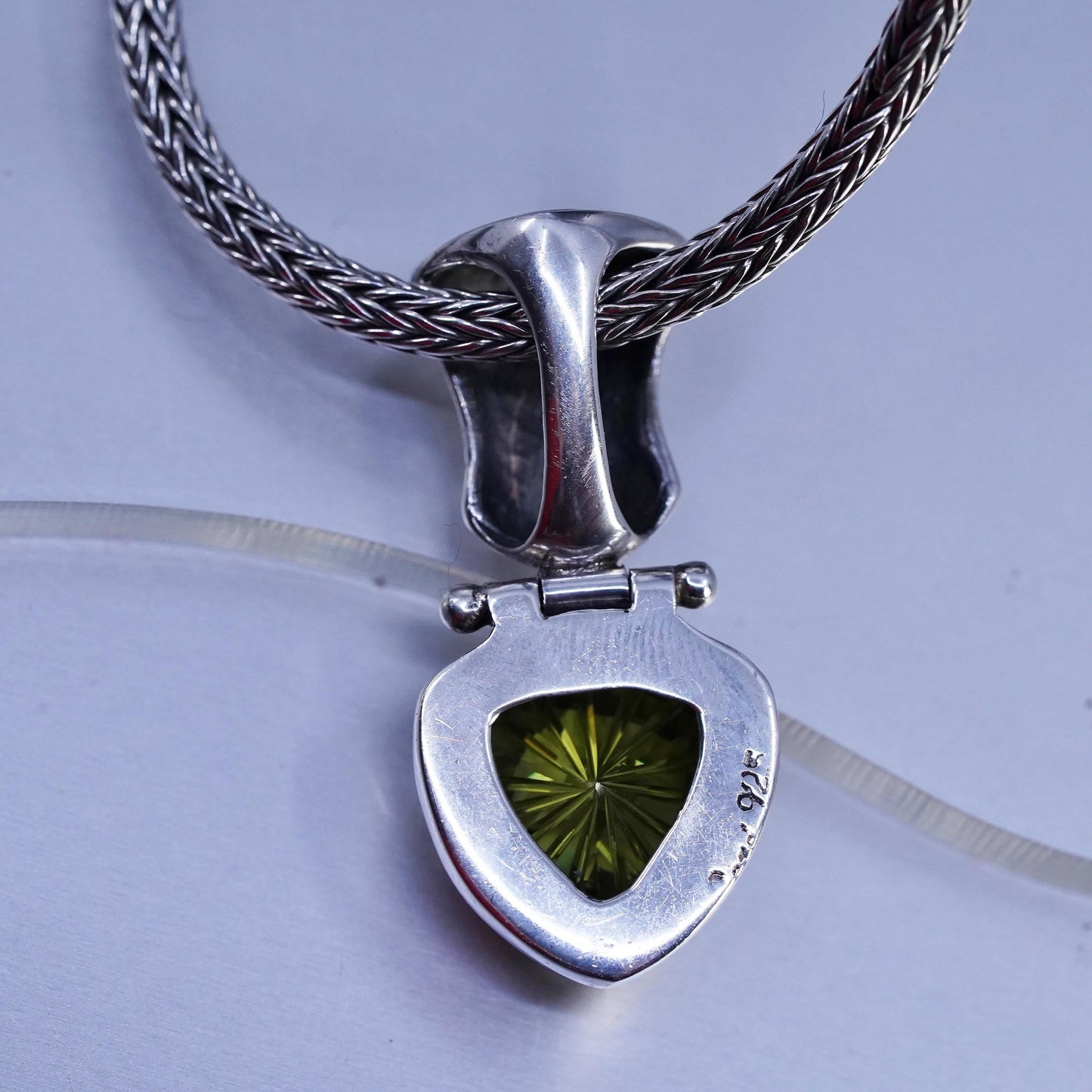 16" Sterling 925 silver bold wheat chain necklace trillion cut peridot pendant