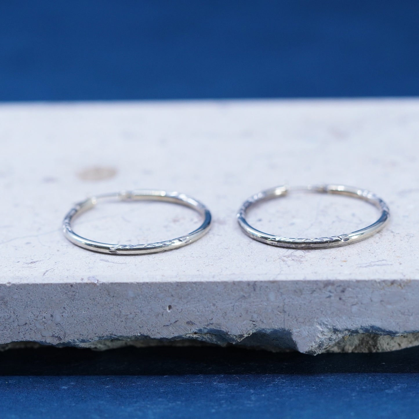 1.25”, vtg Italian two tone Sterling silver hoop earrings, 925 textured huggie