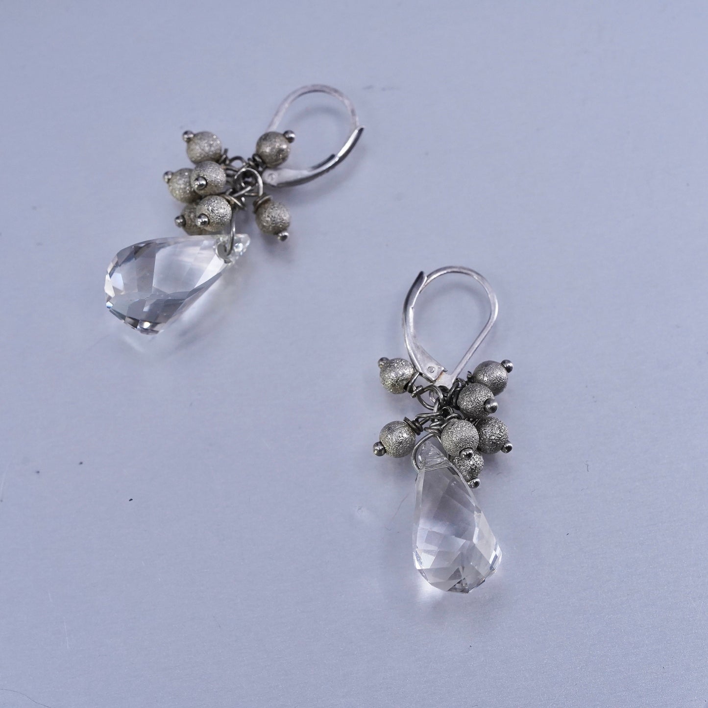 Vintage designer Sterling 925 silver handmade oval earrings w/ teardrop crystal