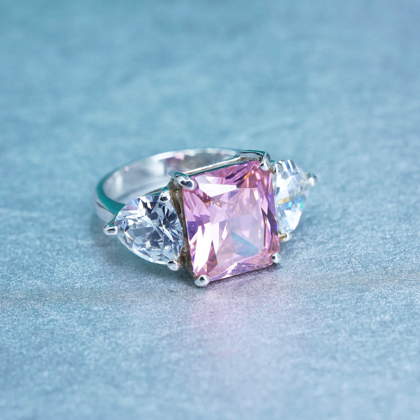Size 7, vintage Sterling 925 silver handmade ring with rectangular pink Cz