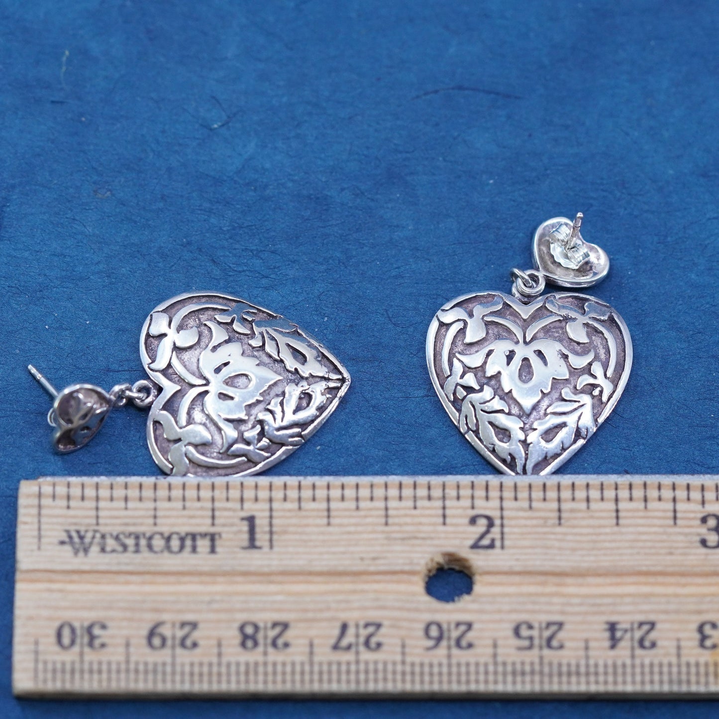 Vintage Sterling silver handmade earrings, textured 925 heart drops