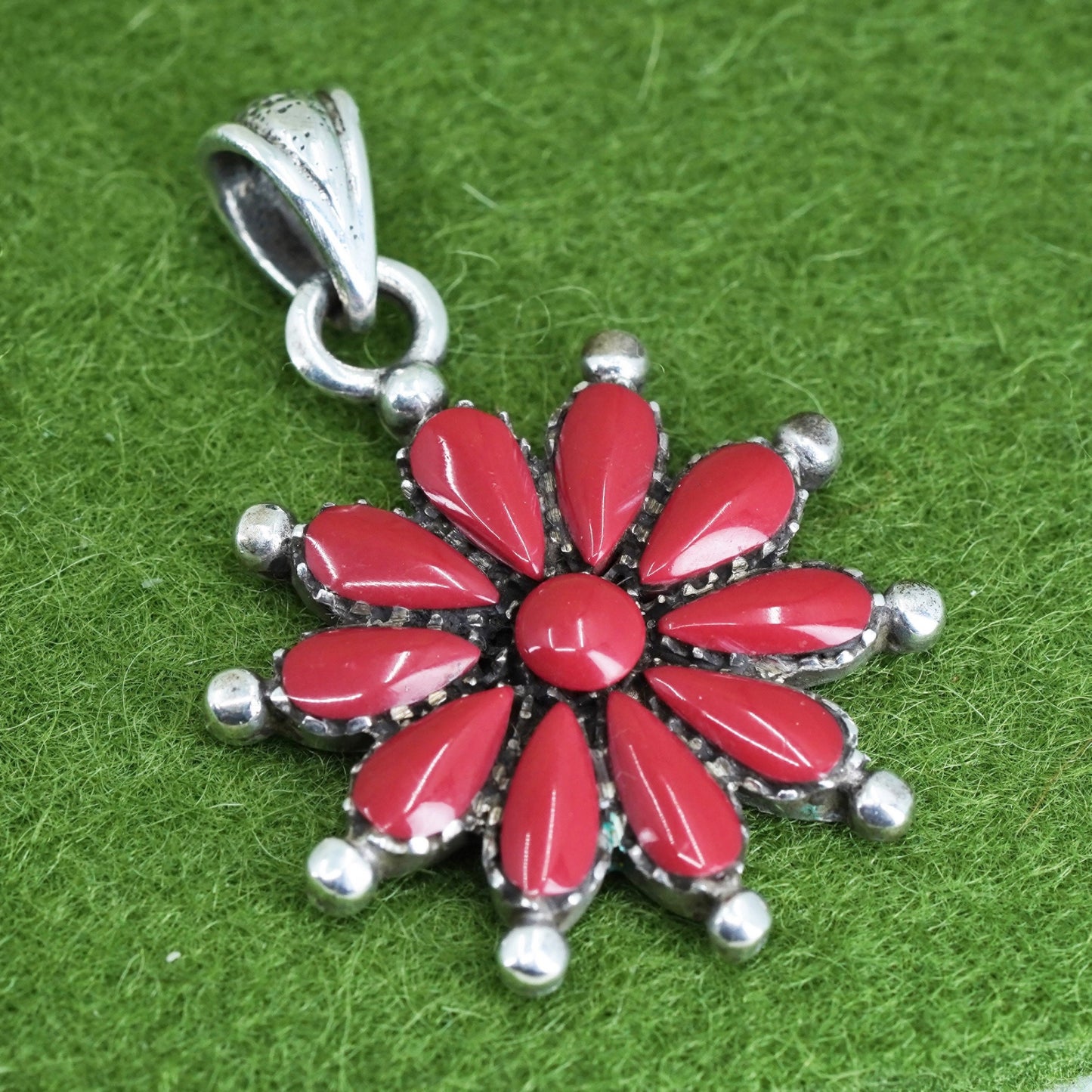 Native American sterling silver 925 handmade pendant with turquoise and coral