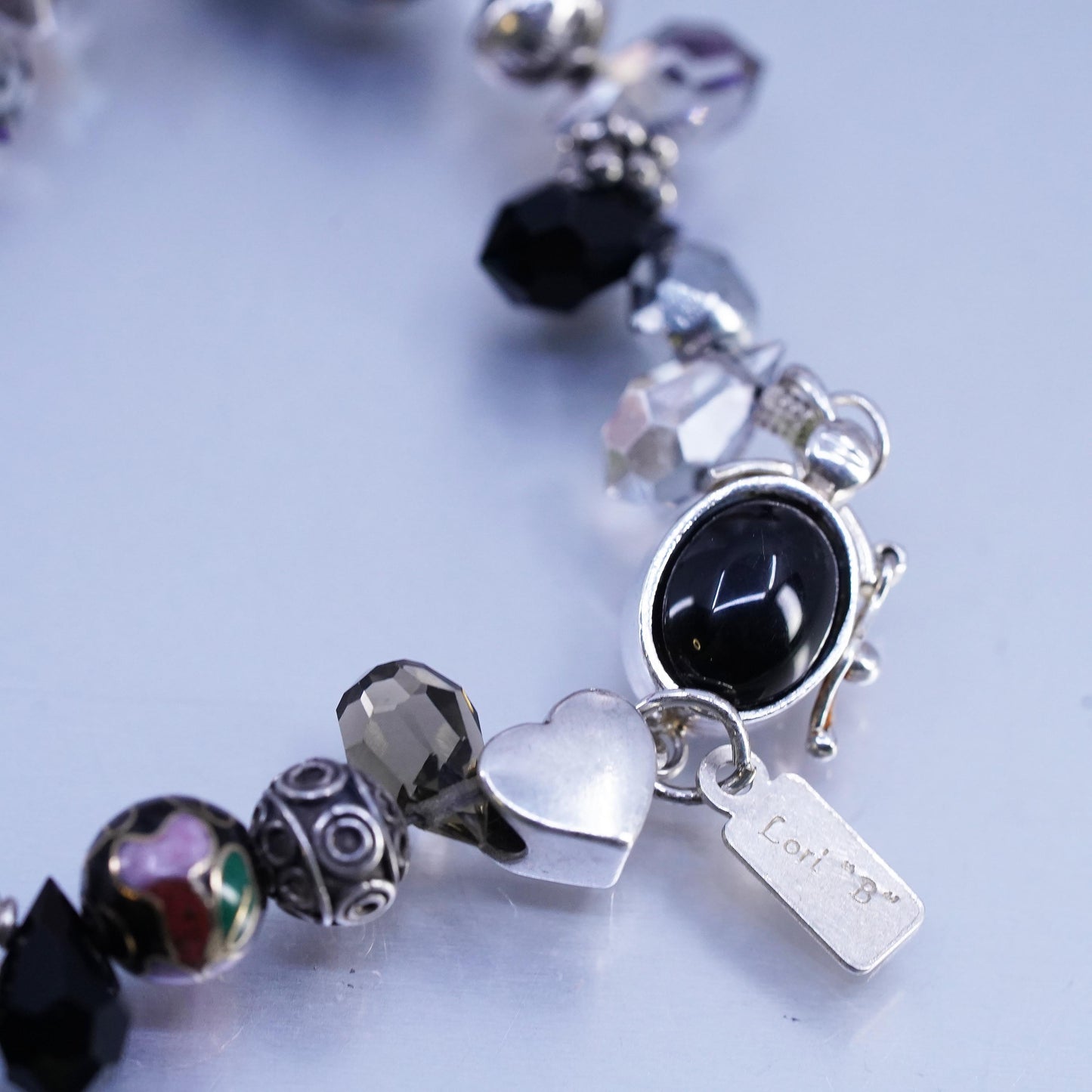 6.5", Vintage Lori B Sterling 925 Silver Bracelet w/ Crystal beads heart charms