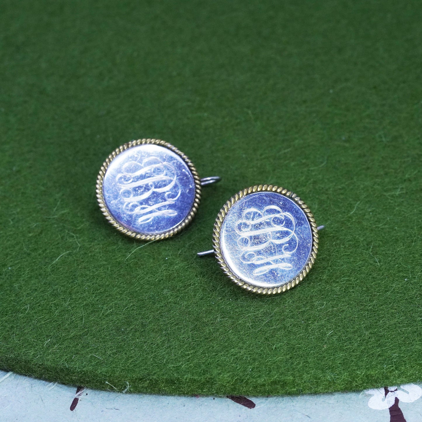 two tone mexico sterling silver earrings, 925 disc brass cable engravers “GBH”