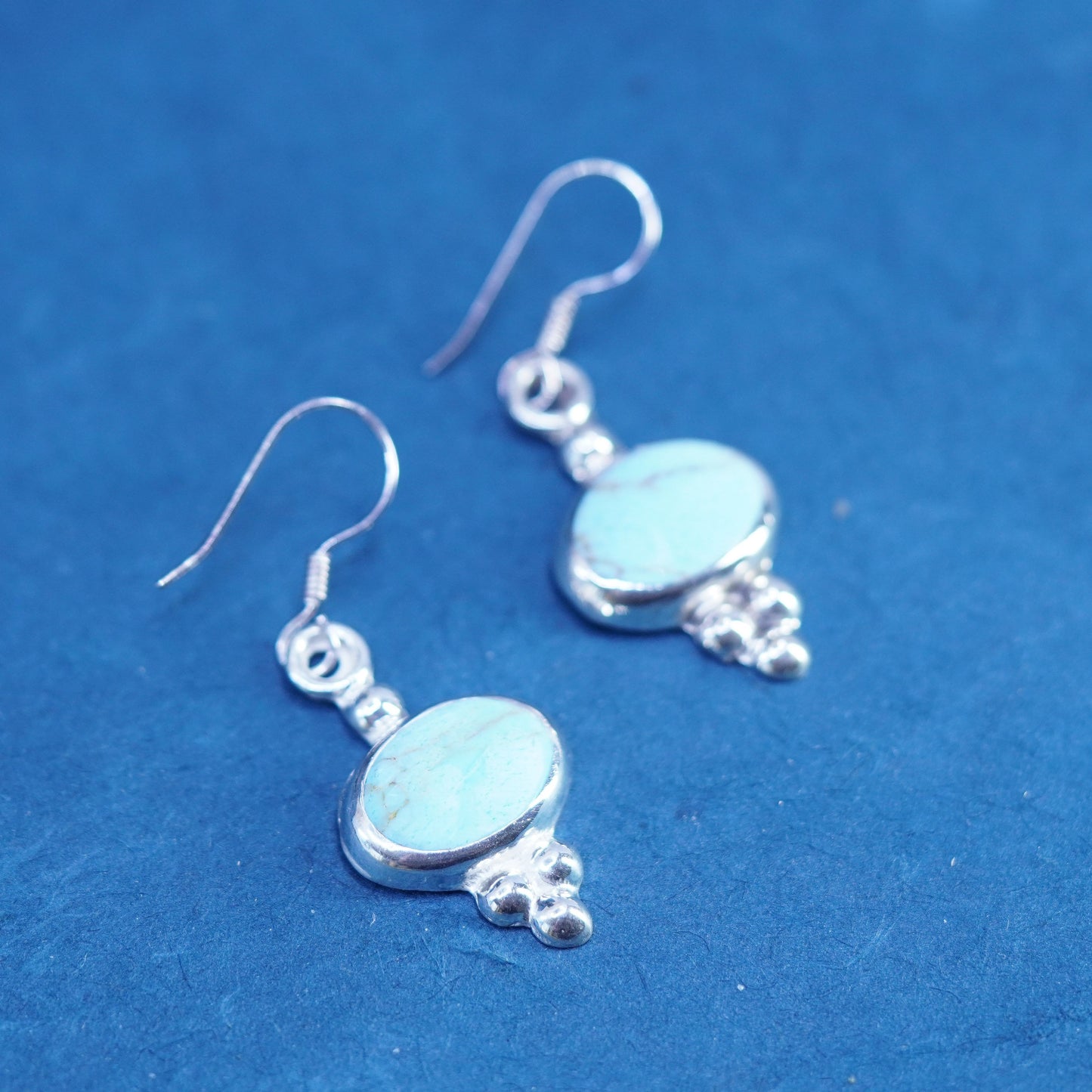 Vintage Sterling 925 silver handmade filigree earrings with oval turquoise