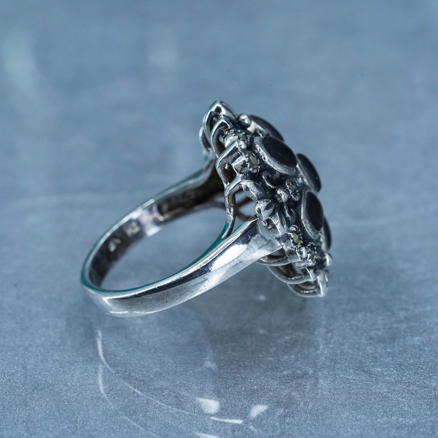 Size 8, southwestern 925 silver ring with abalone and marcasite floral details