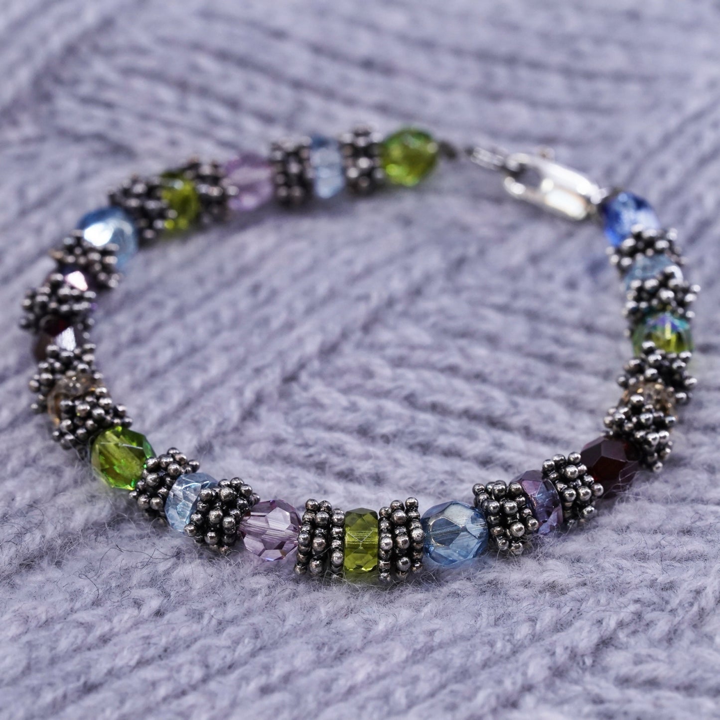 6.5", Sterling 925 silver bracelet with colorful crystal peridot garnet citrine