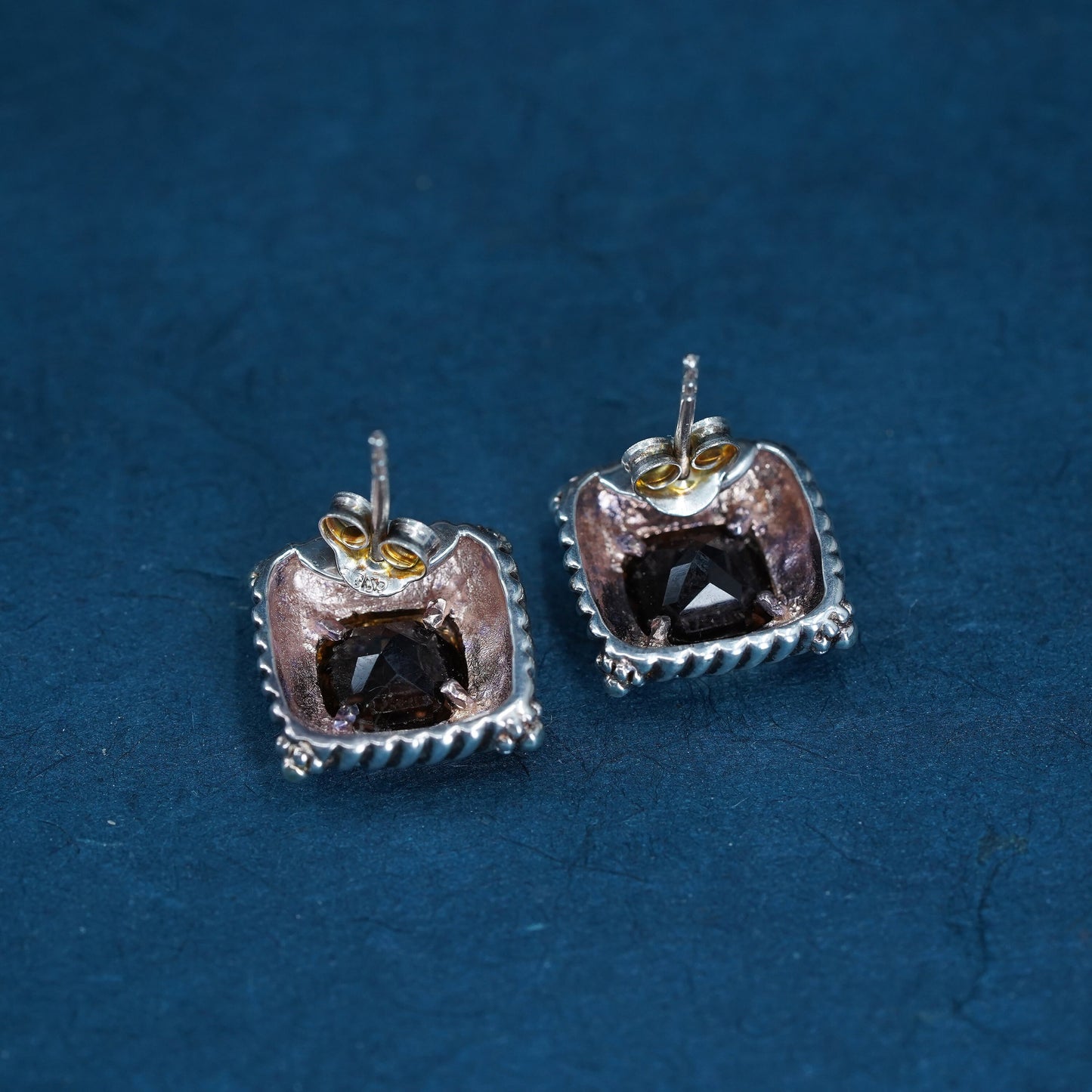 Vintage Sterling silver handmade earrings, 925 studs with smoky topaz