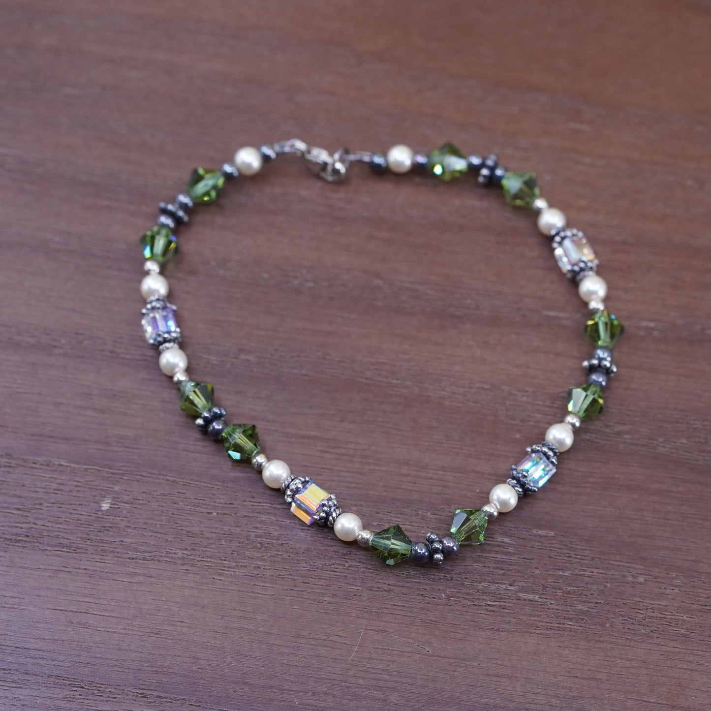 7.75”, Vintage Sterling silver handmade bracelet, green crystal beads bracelet