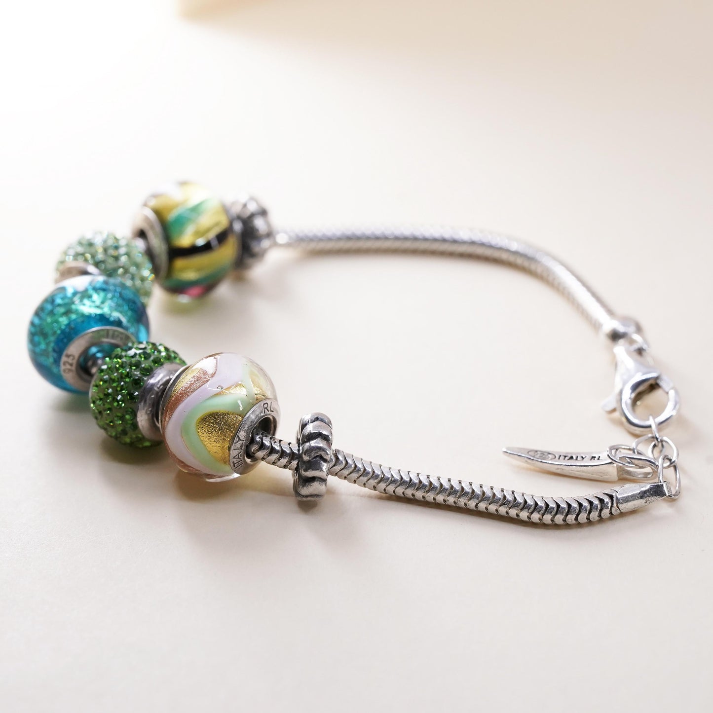 7.5", Ralph Lauren RL Sterling silver bracelet, 925 snake 5 green bead charms