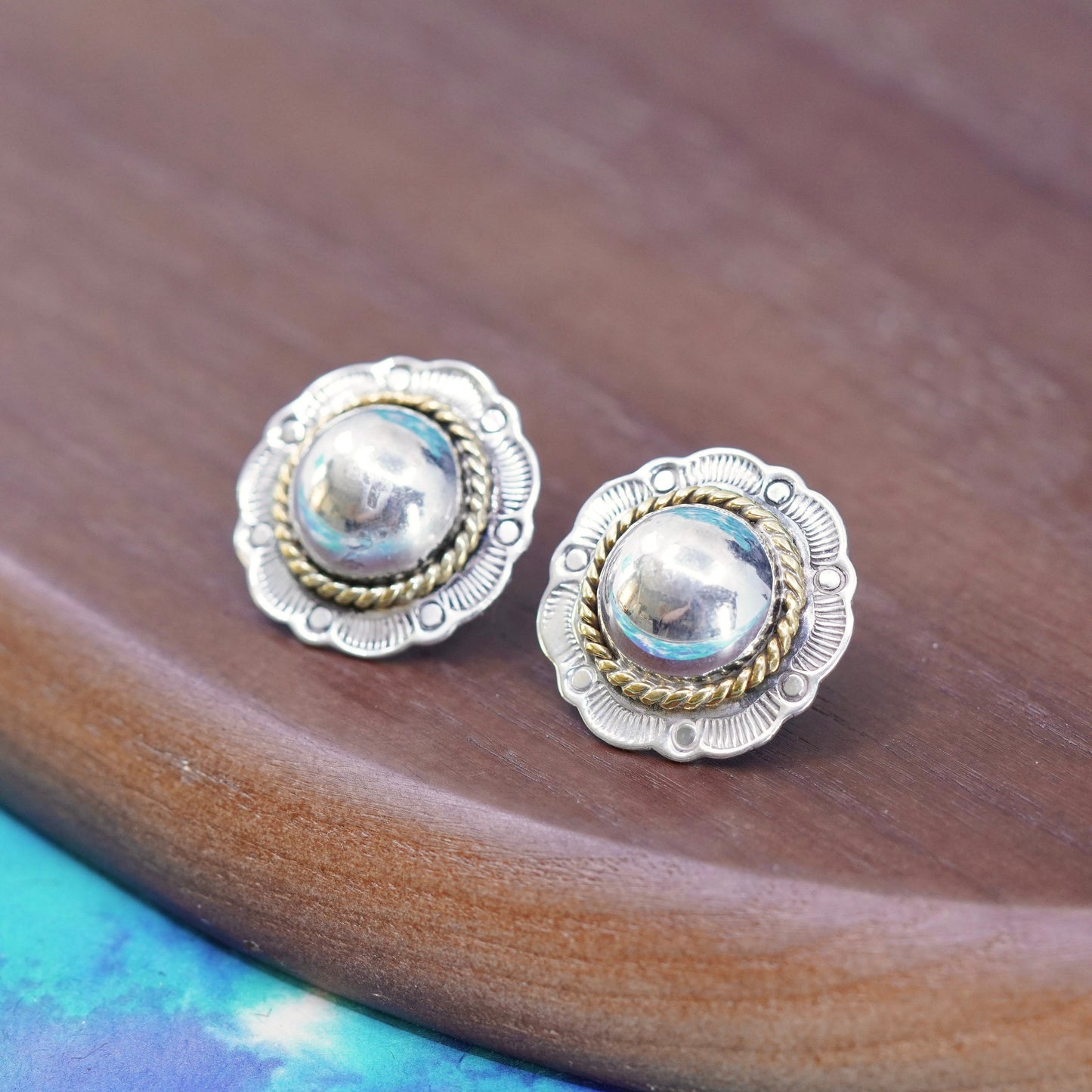 two tone Mexico Sterling silver handmade earrings, 925 flower studs brass cable
