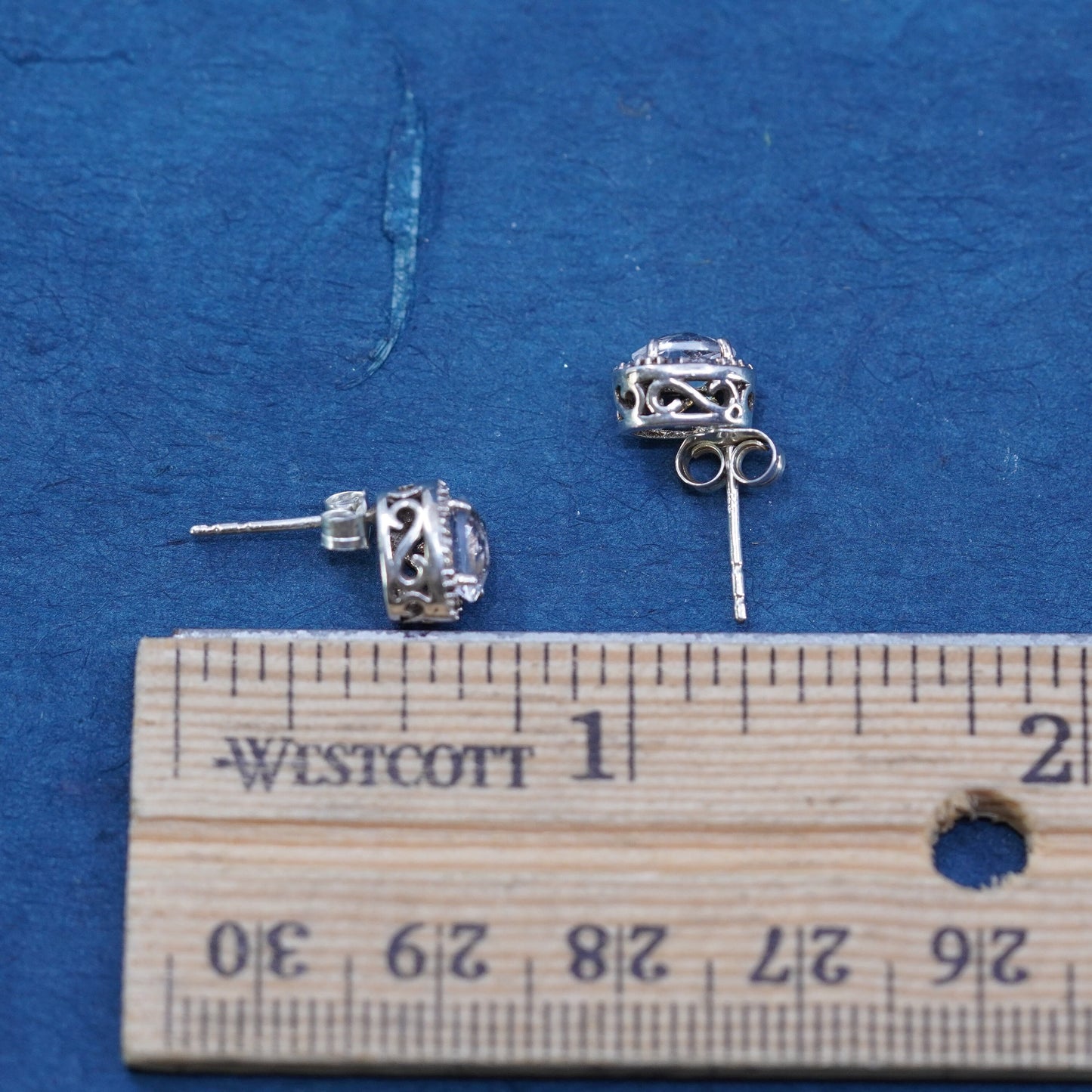 Vintage sterling silver handmade earrings, 925 studs with cluster CZ inlay