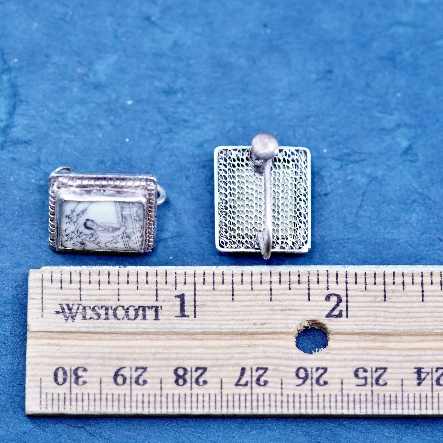 Vintage Sterling 925 silver screw back earrings with ancient Chinese painting