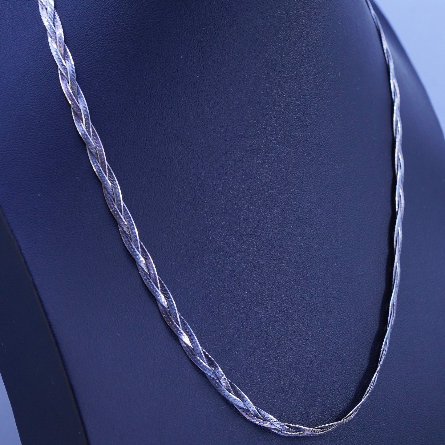 18”, vintage Italy Sterling 925 silver woven braided herringbone chain necklace