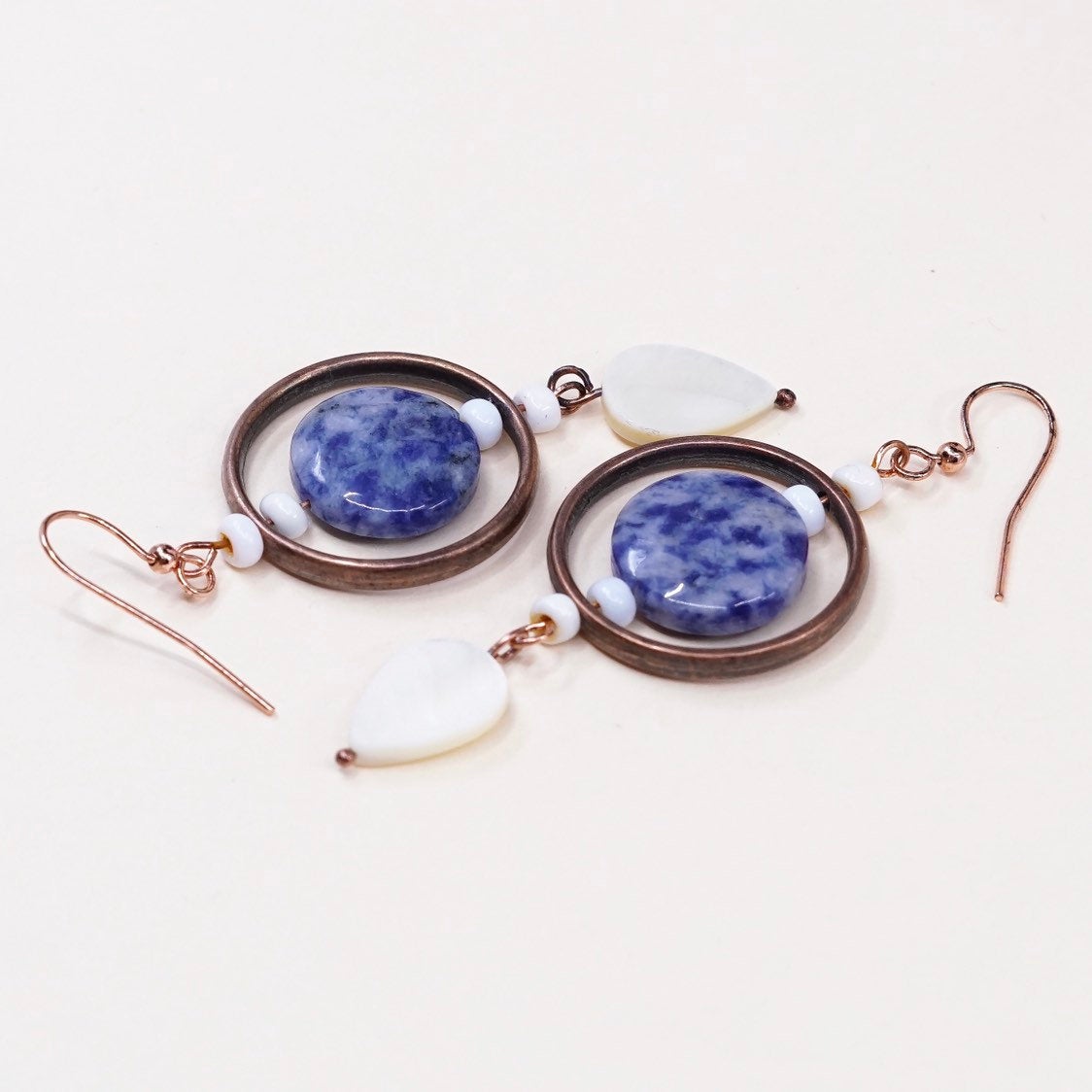 VTG handmade earrings, blue agate mother of pearl drops with copper circle