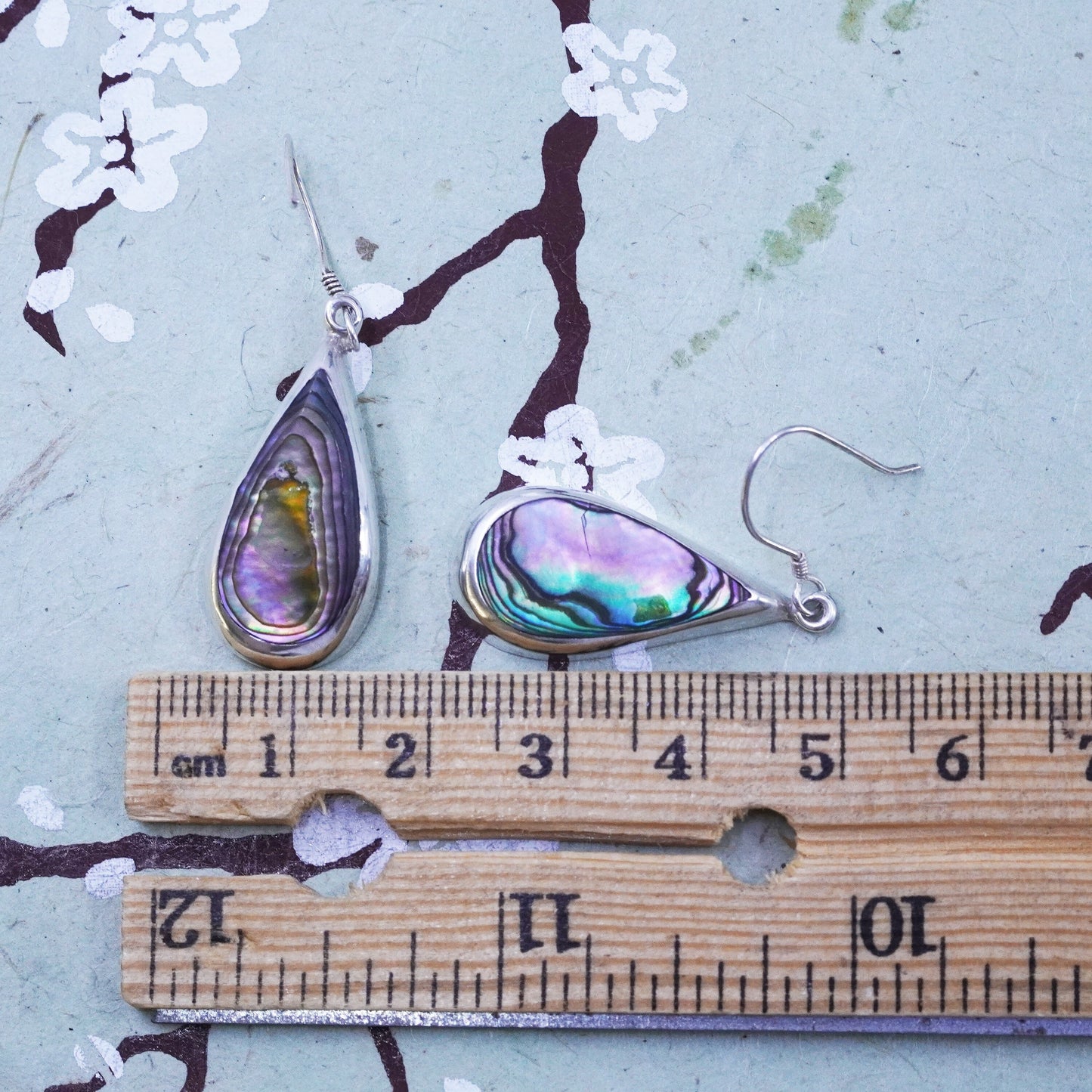 Vintage Mexico sterling 925 silver handmade teardrop earrings with abalone