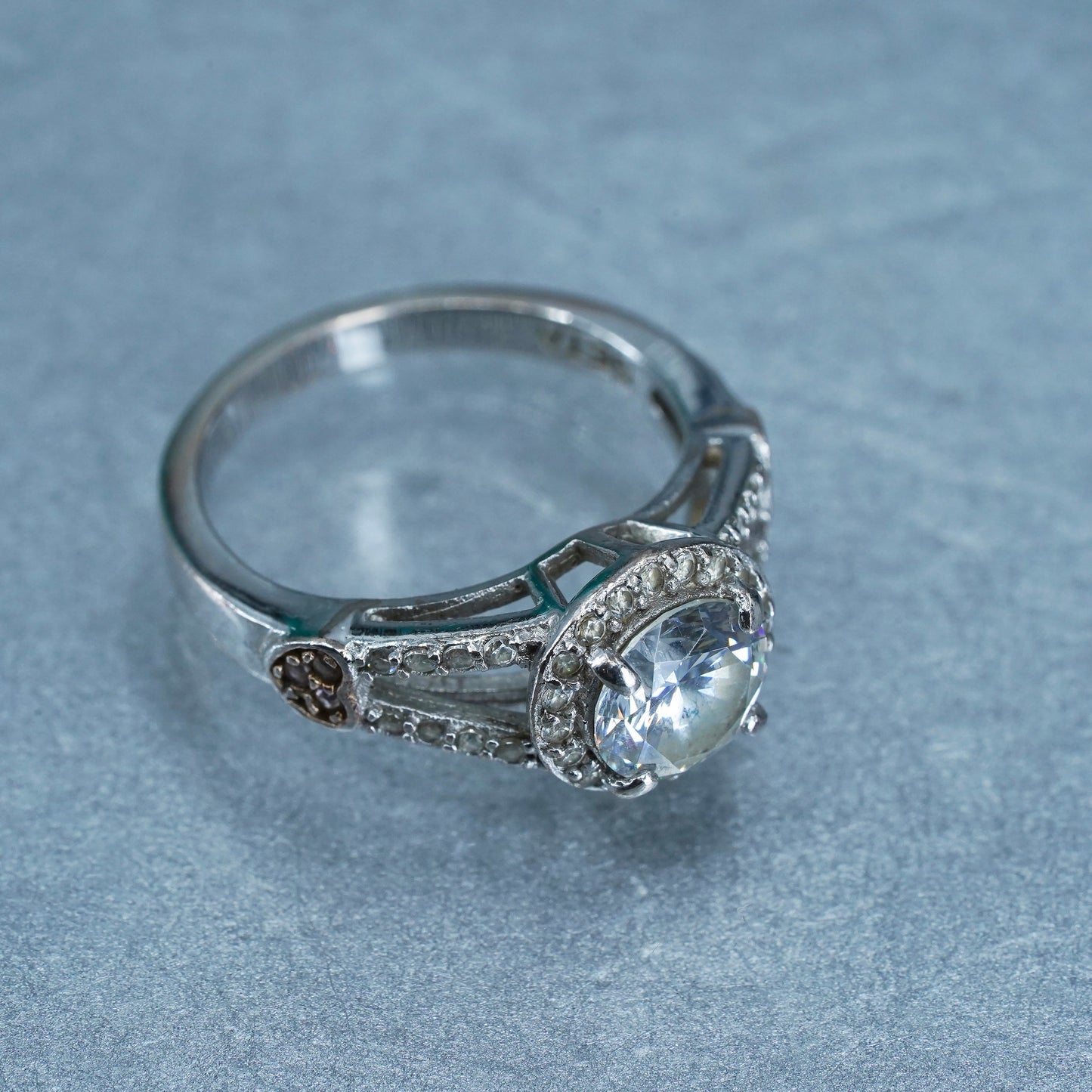 Size 6, vintage Sterling 925 silver statement engagement ring with cluster Cz