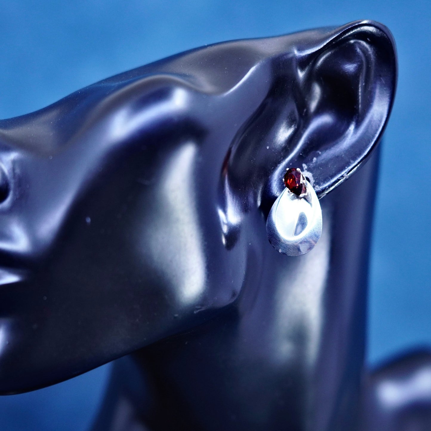 Vintage Sterling silver handmade earrings, 925 teardrop studs with ruby