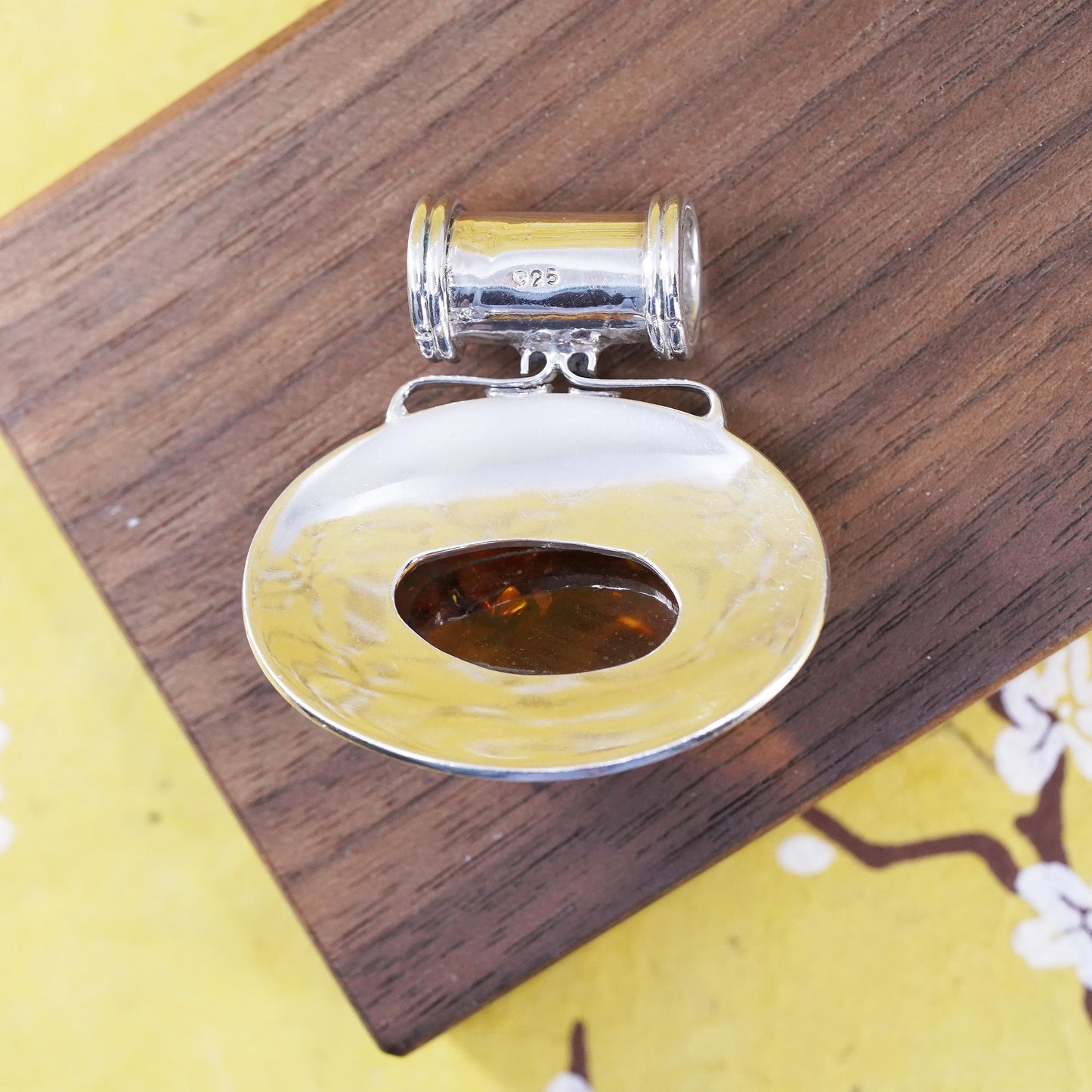 Vintage modern Sterling 925 silver handmade huge slide pendant amber pendant