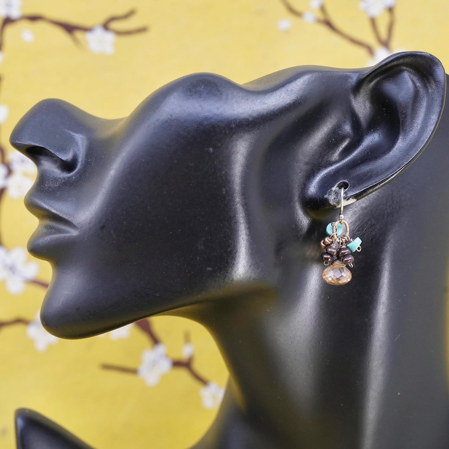 VTG sterling silver handmade earrings, 925 teardrop citrine turquoise beads