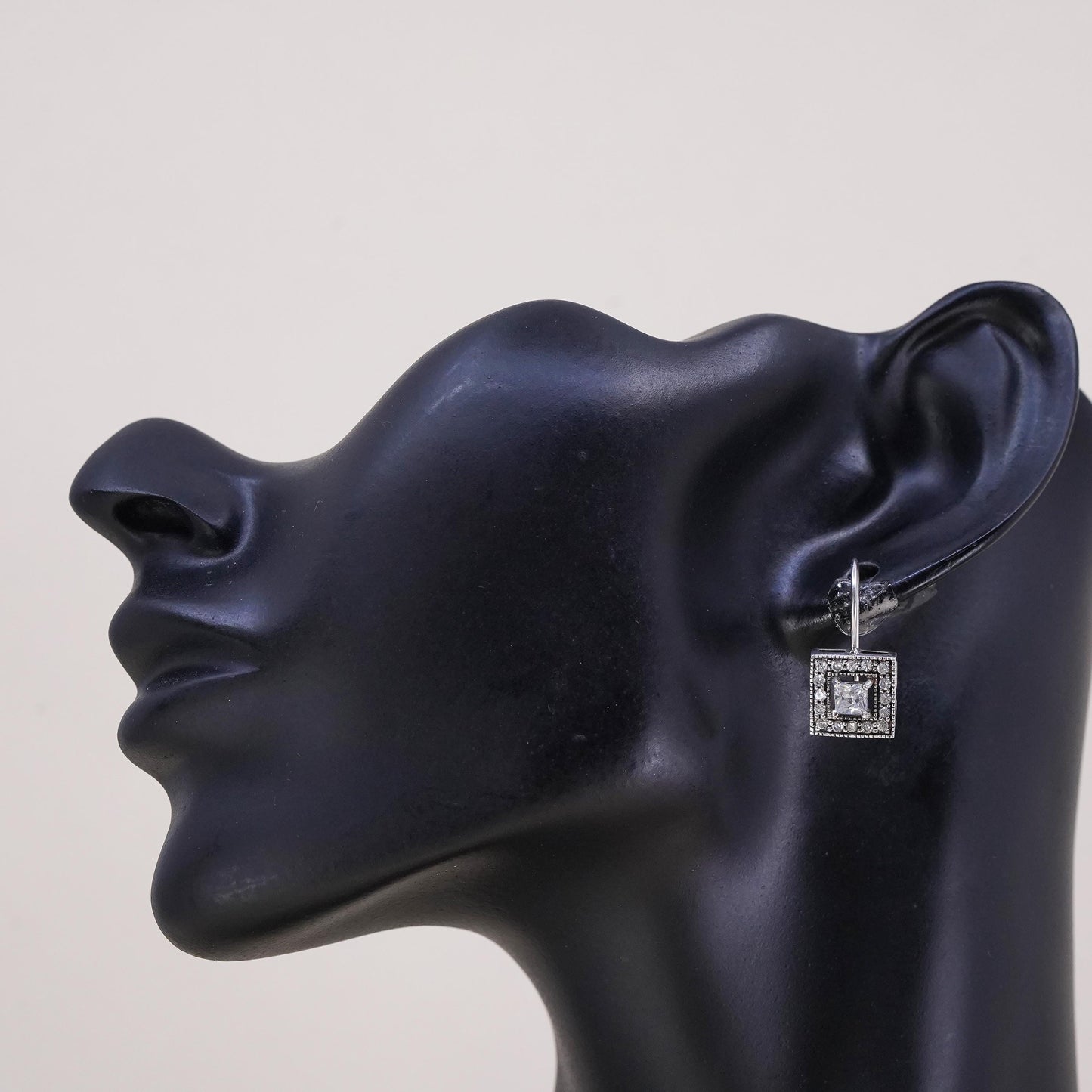 Vintage sterling silver single earring, 925 silver square dangle with clear Cz
