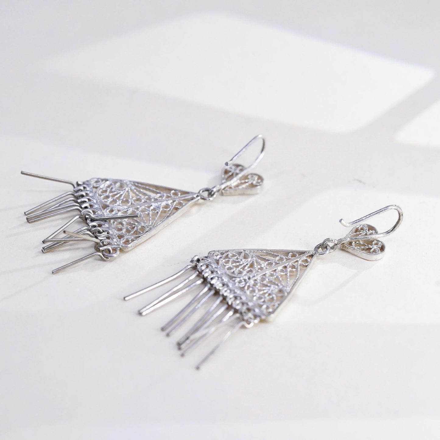 Vintage sterling silver handmade earrings, 925 filigree triangle with fringes