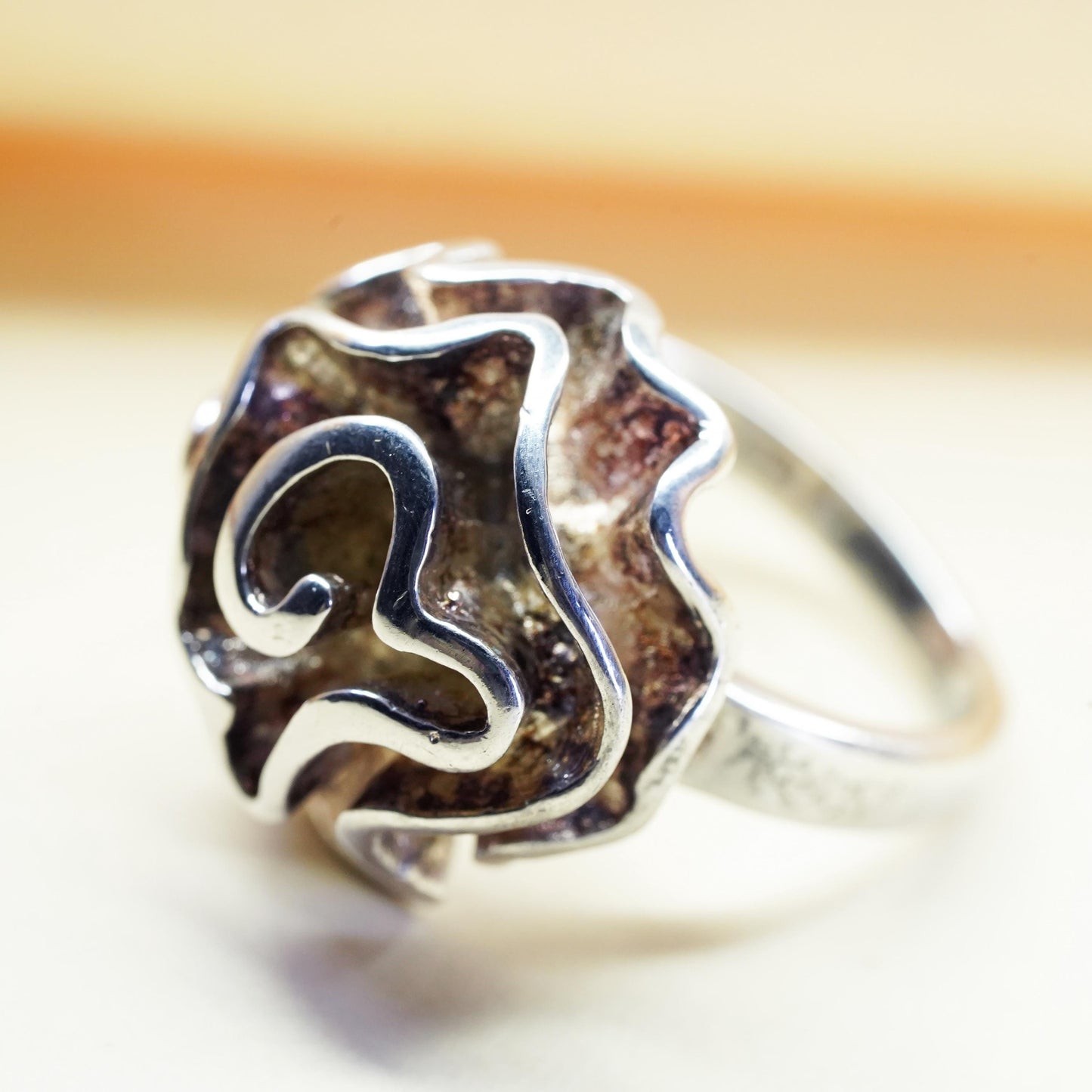 Size 8, vintage Sterling silver handmade ring, 925 abstract flower