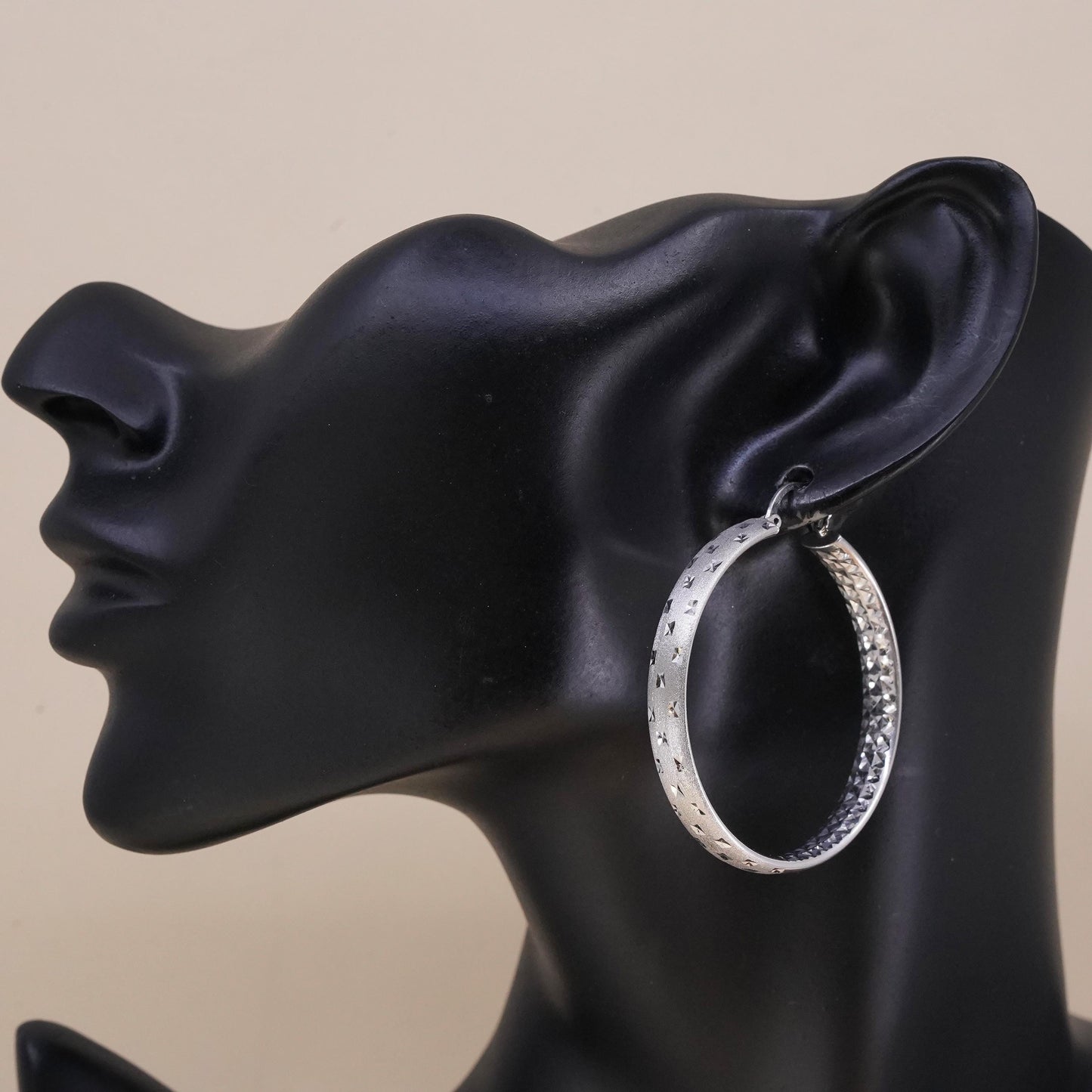 1.75", Vintage sterling silver loop single earring, flatten wide textured hoop