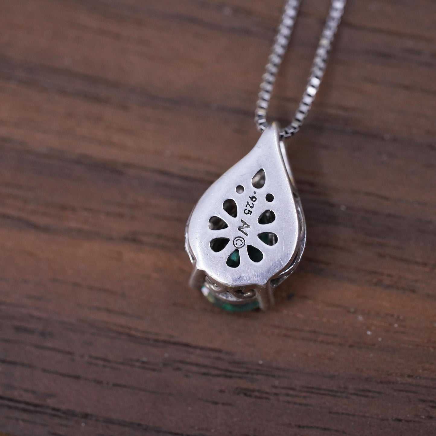 18+2” Sterling silver necklace, 925 box chain teardrop pendant cluster diamonds