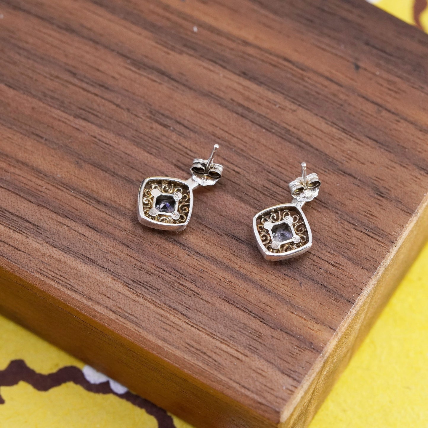vintage Sterling silver handmade earrings, 925 filigree studs with blue crystal