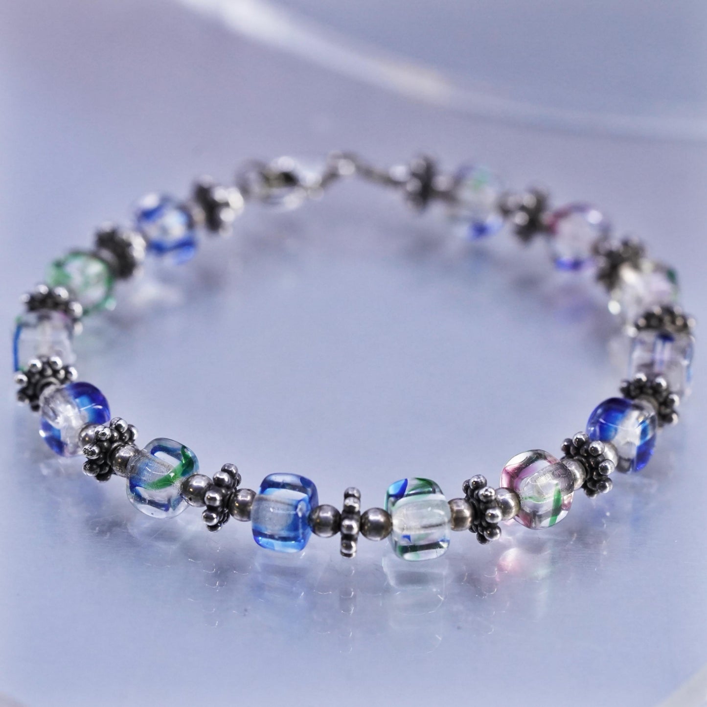 7", Vintae Sterling 925 Silver Handmade Bracelet, Crystal cube beads