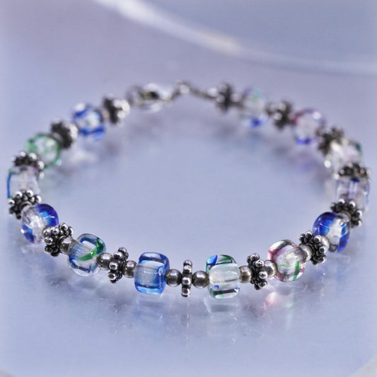 7", Vintae Sterling 925 Silver Handmade Bracelet, Crystal cube beads