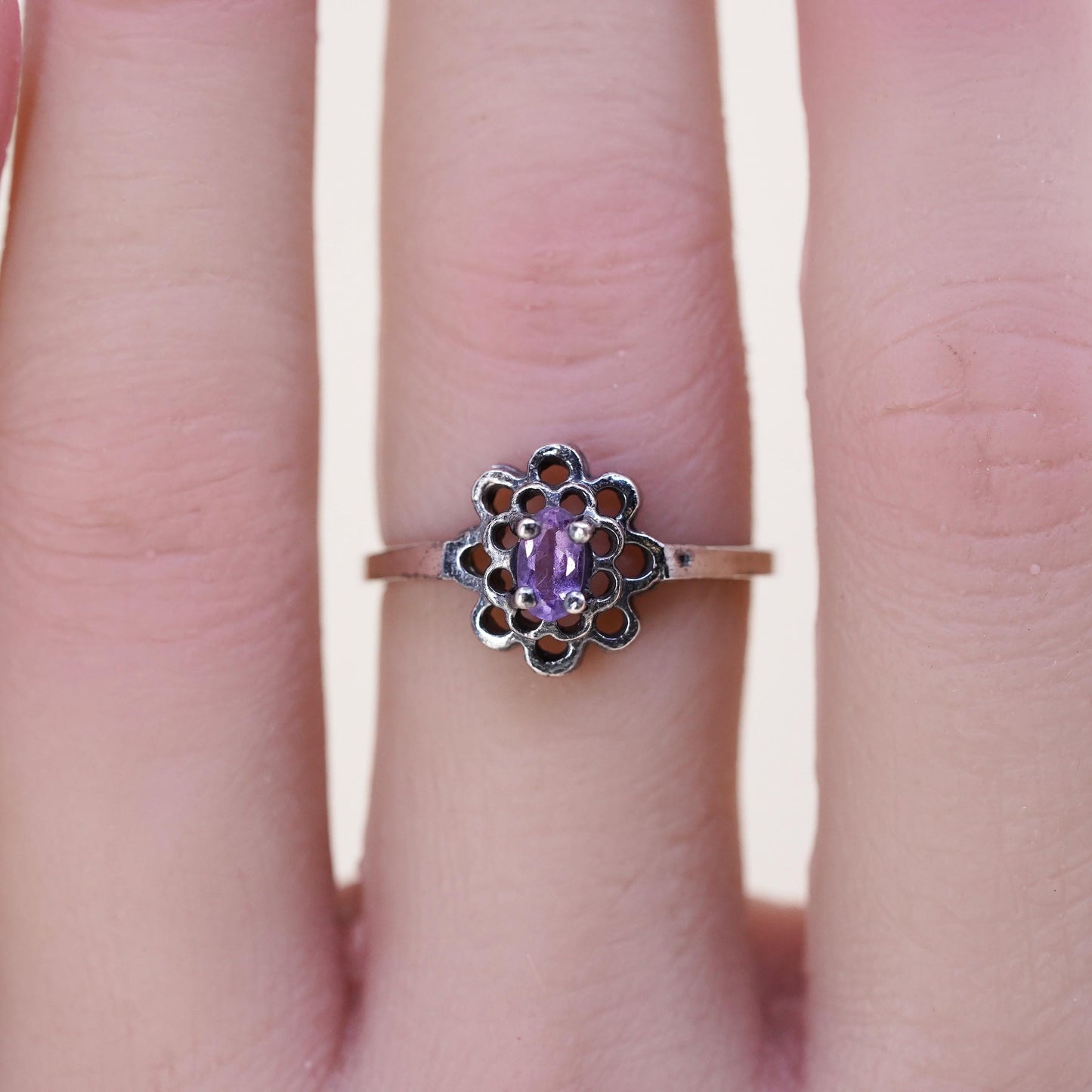 Size 7, vintage Sterling 925 silver handmade crown ring with amethyst