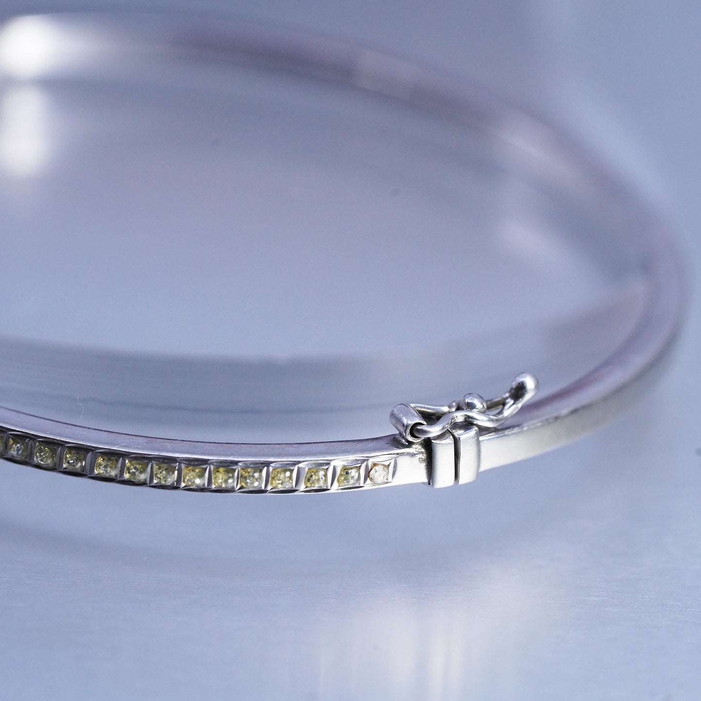 7", Italy Sterling 925 silver stackable bracelet, hinged bangle cluster citrine