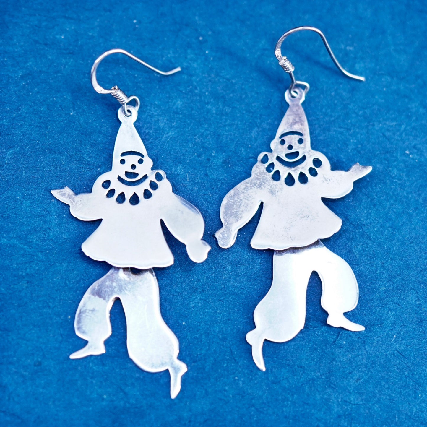 sterling silver handmade earrings, 925 dancing clowns drop with movable waist
