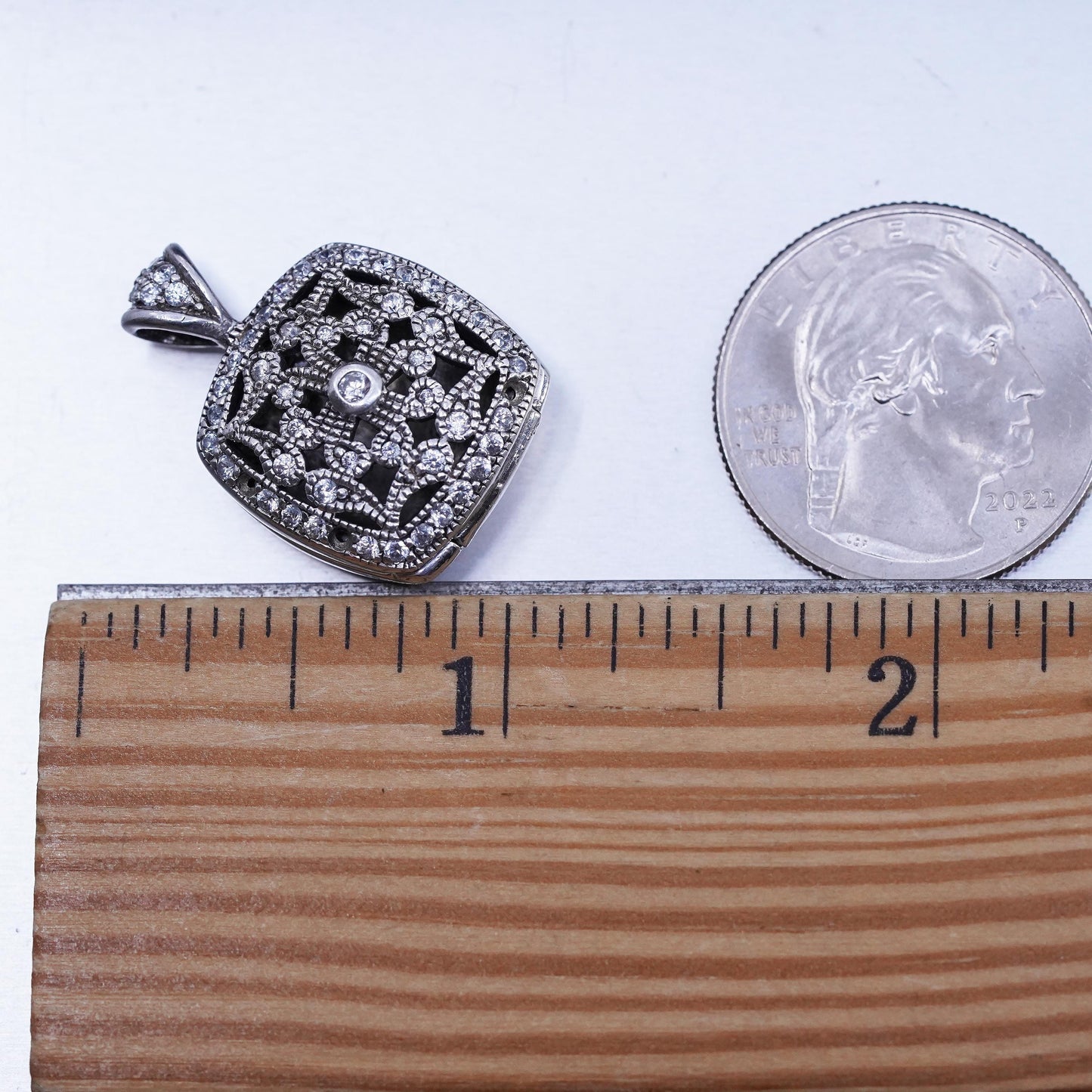 Vintage sterling silver pendant, 925 square locket charm with cluster cz