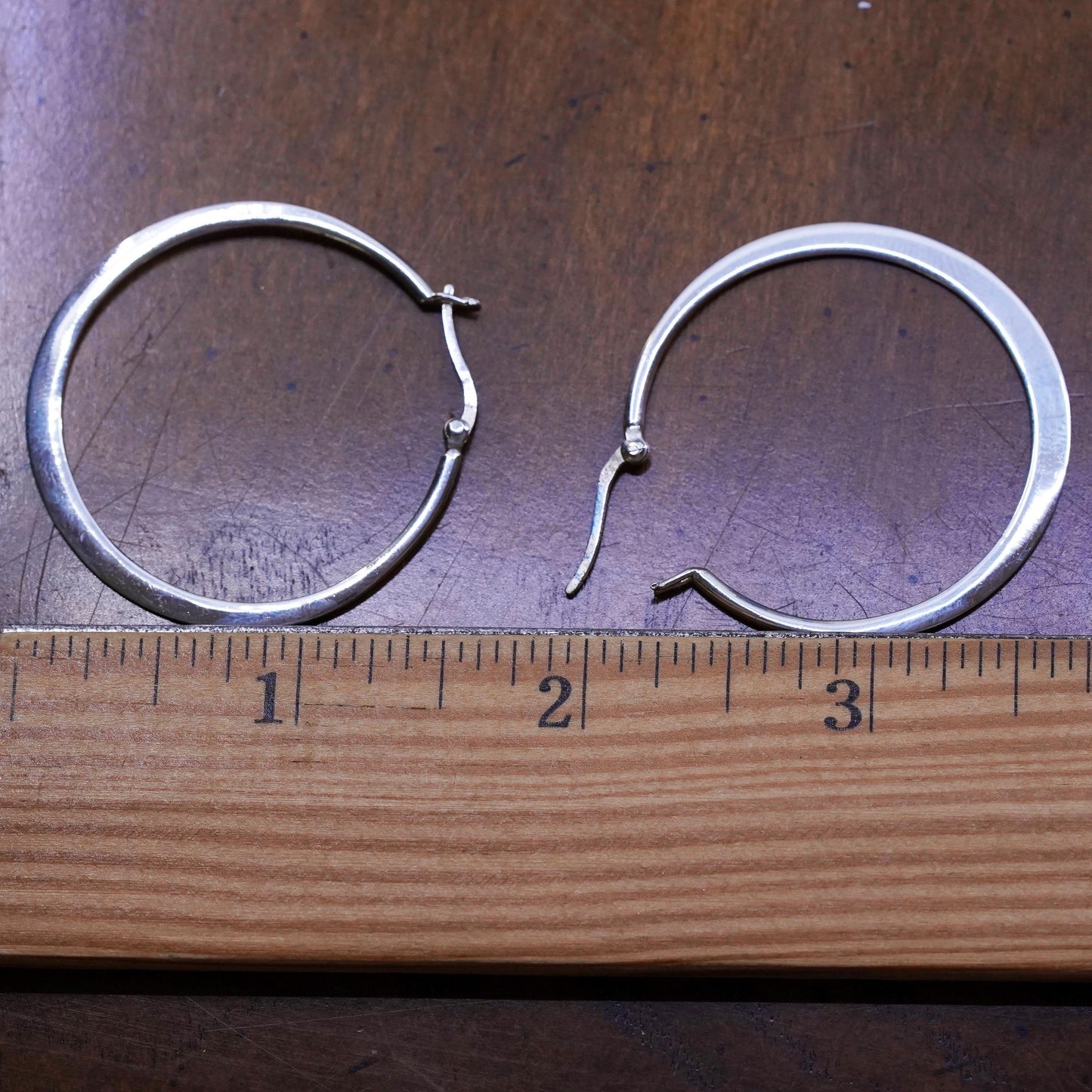1.75", VTG sterling silver loop earrings, flatten minimalist primitive hoops