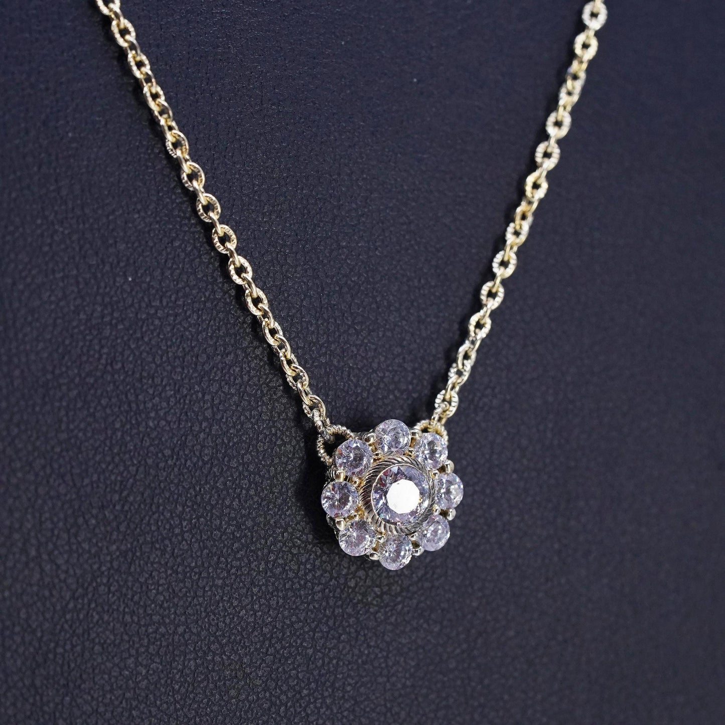 18+2", vintage Judith Ripka gold Sterling 925 silver necklace floral cz pendant