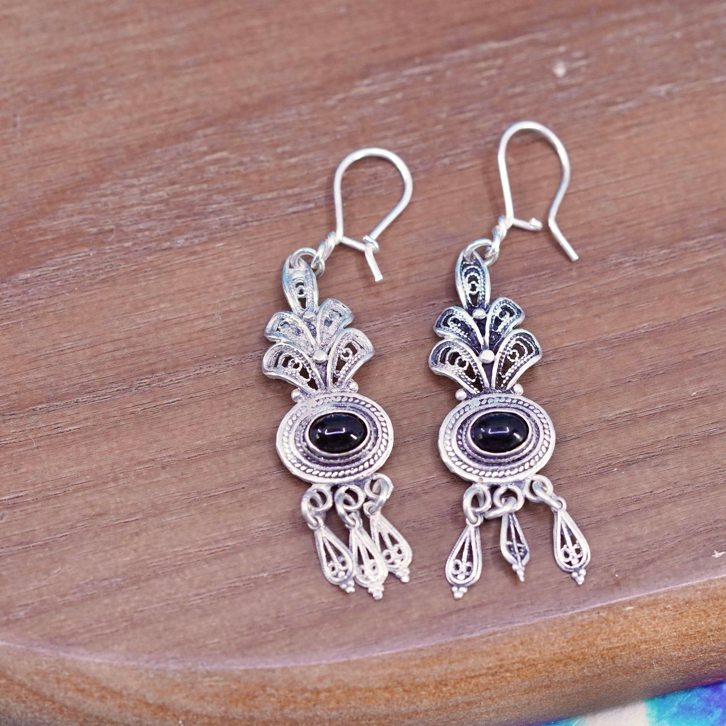 Vintage Sterling 925 Silver Handmade filigree Earrings with oval onyx