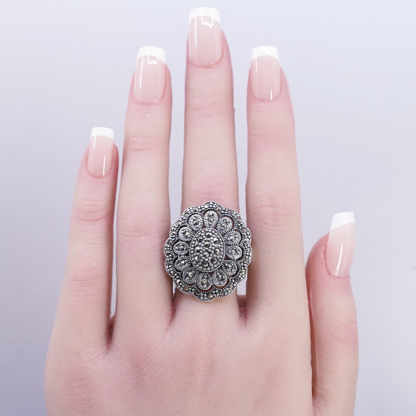 Size 10.5 southwestern Sterling 925 silver ring filigree band cluster marcasite