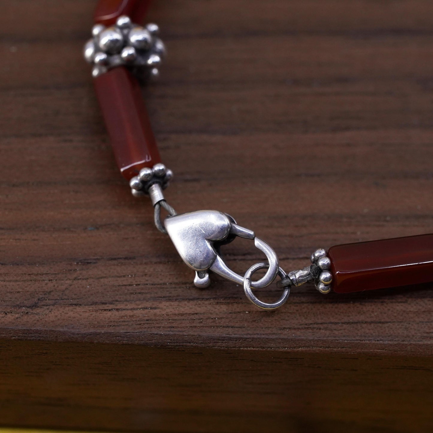 6.75”, Vintage sterling 925 silver handmade bracelet with carnelian tube beads