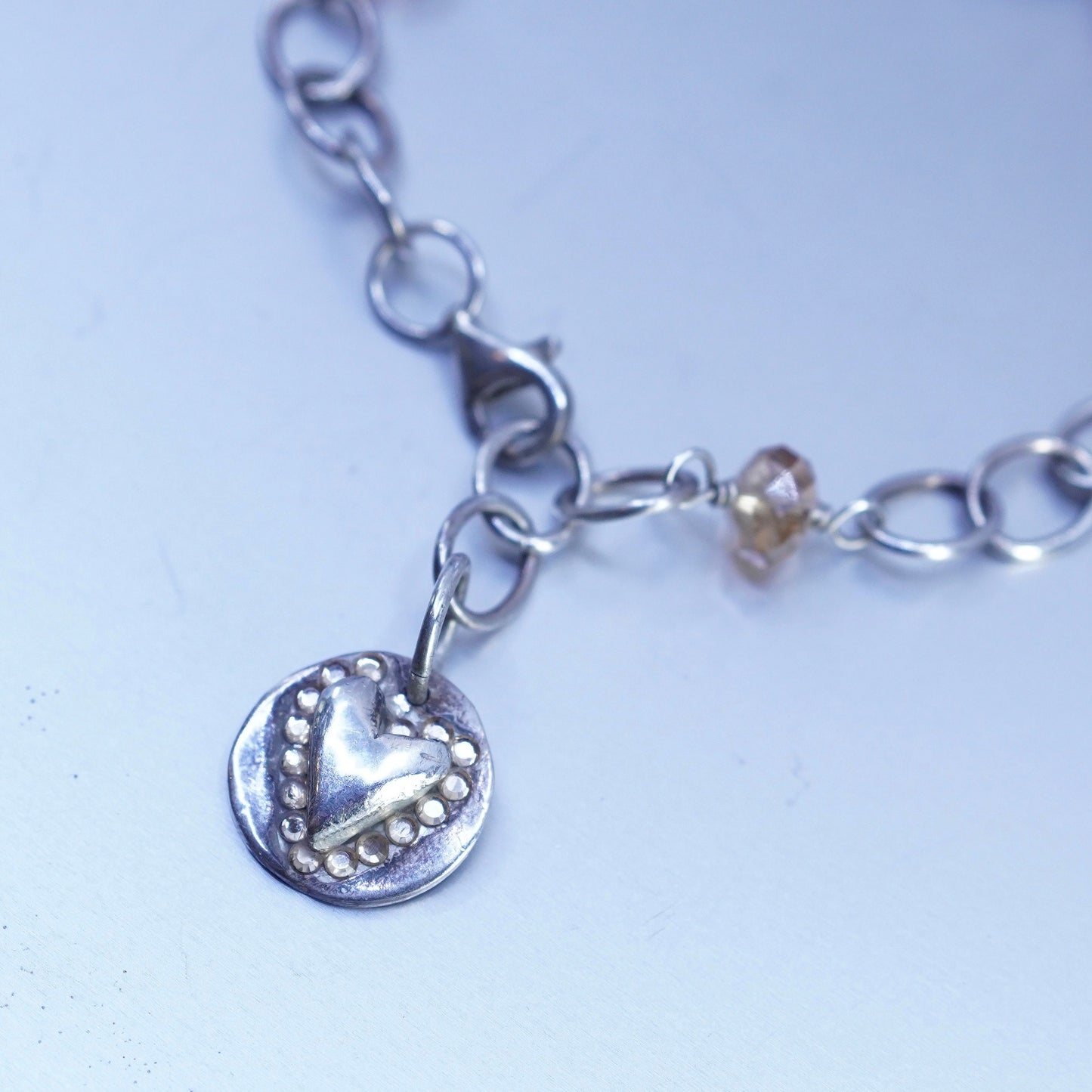 8”, Mexico Sterling 925 silver bracelet, oval link chain w/ citrine heart charm