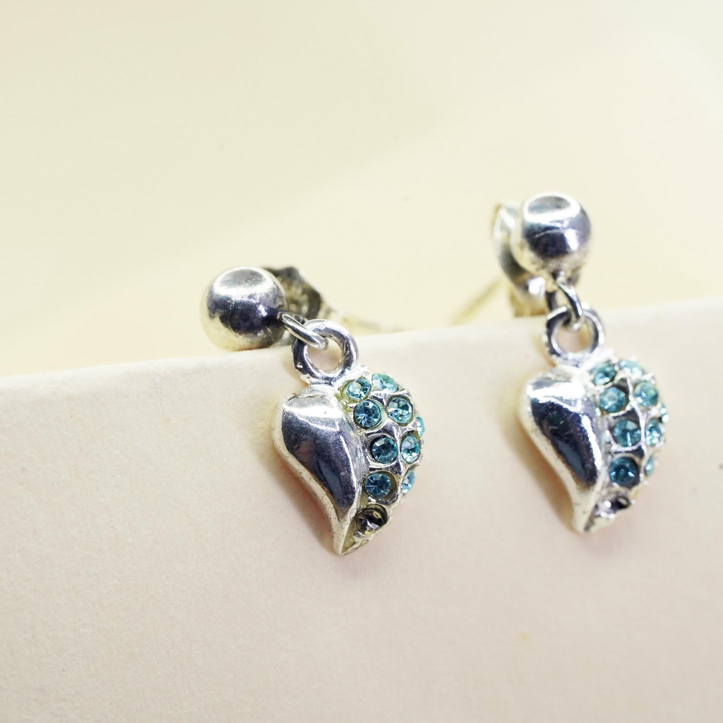Vintage sterling 925 silver handmade earrings with heart dangles and green cz