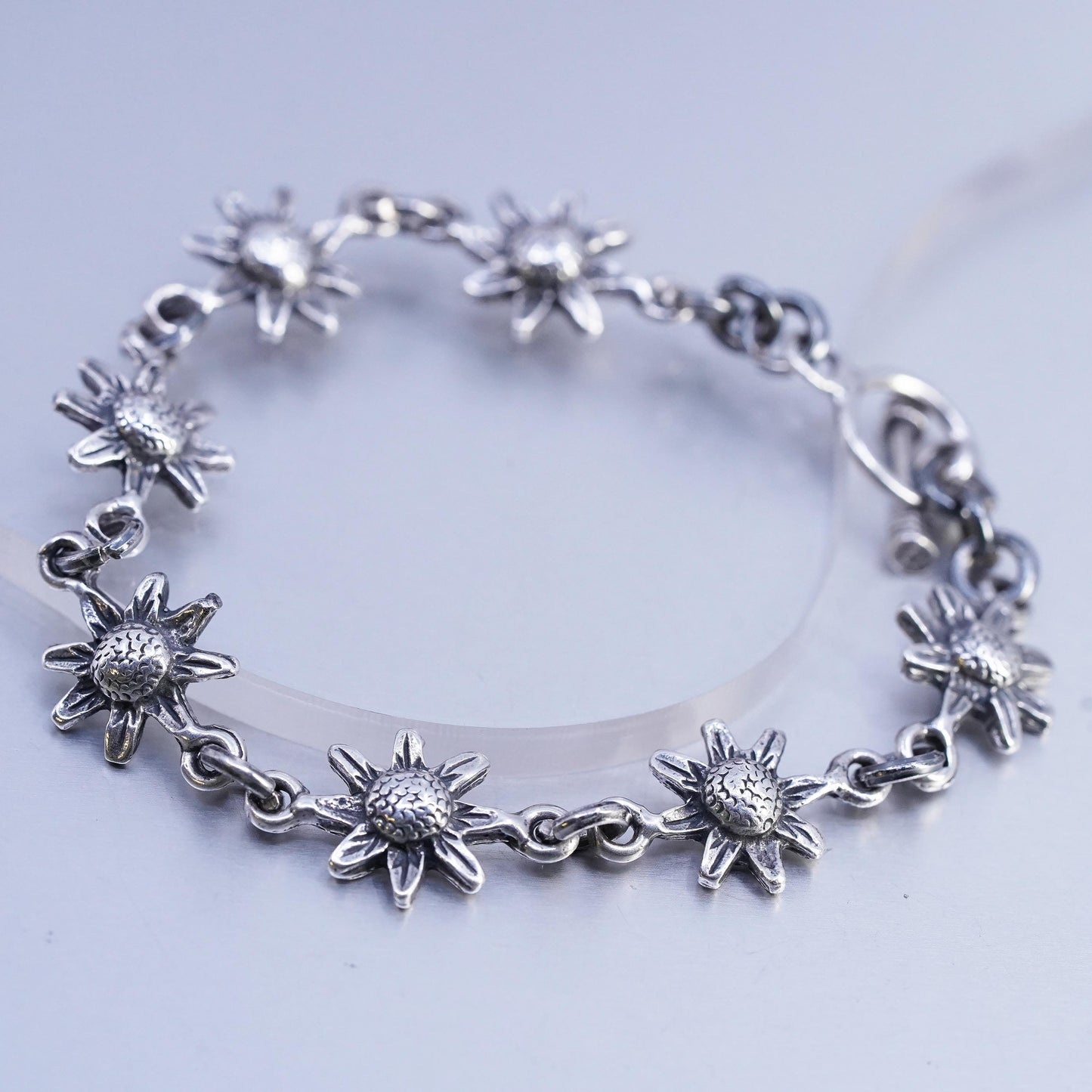 6.5", Vintage Mexican Sterling 925 silver handmade bracelet, sunflower chain