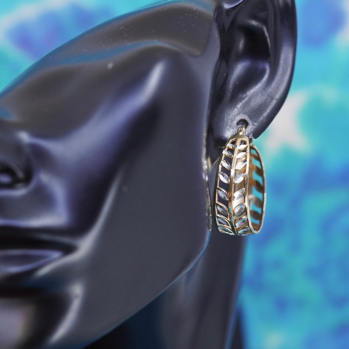 1”, vintage vermeil gold over Sterling silver earrings, 925 leafy hoops
