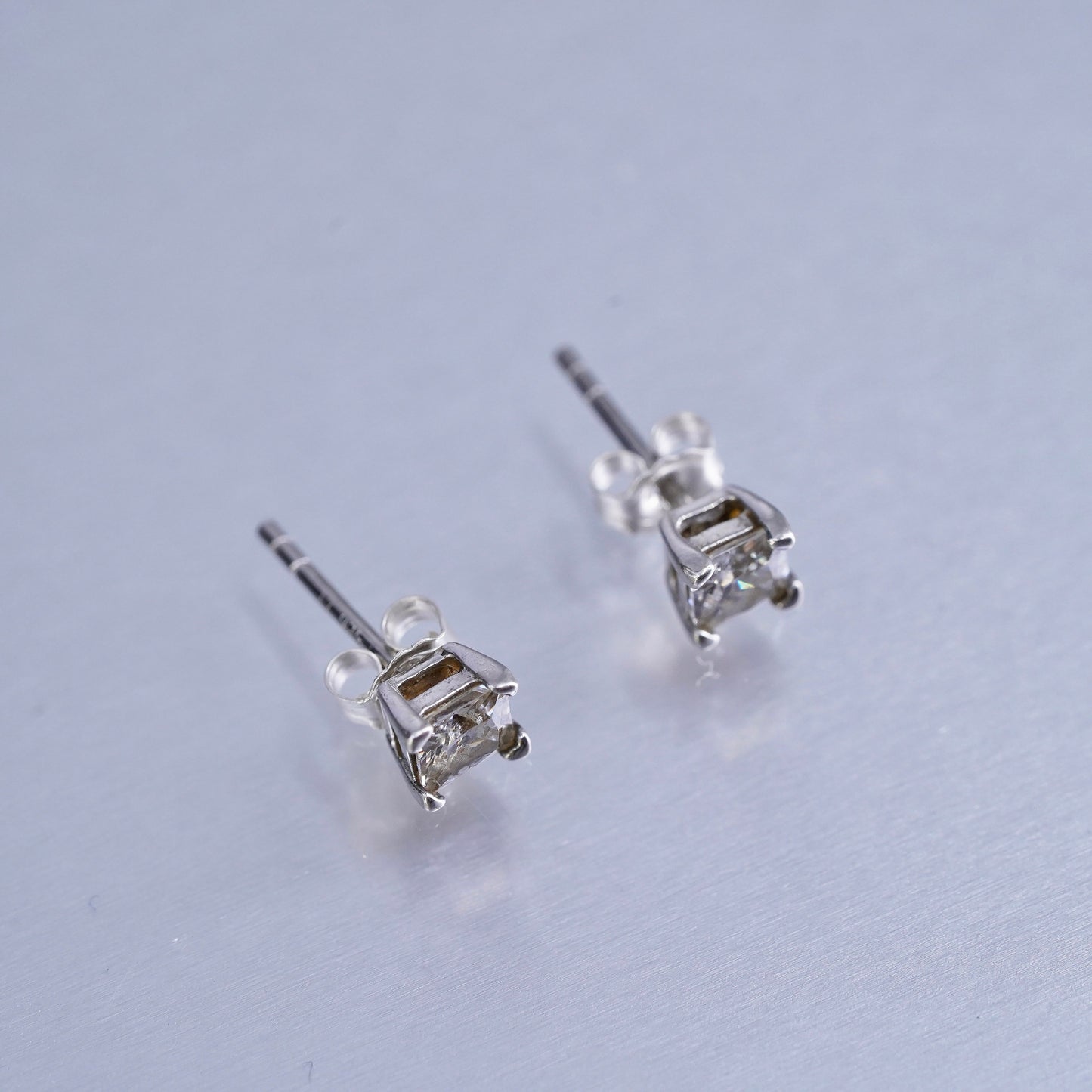 4mm, Vintage Sterling 925 silver handmade earrings, square cz studs
