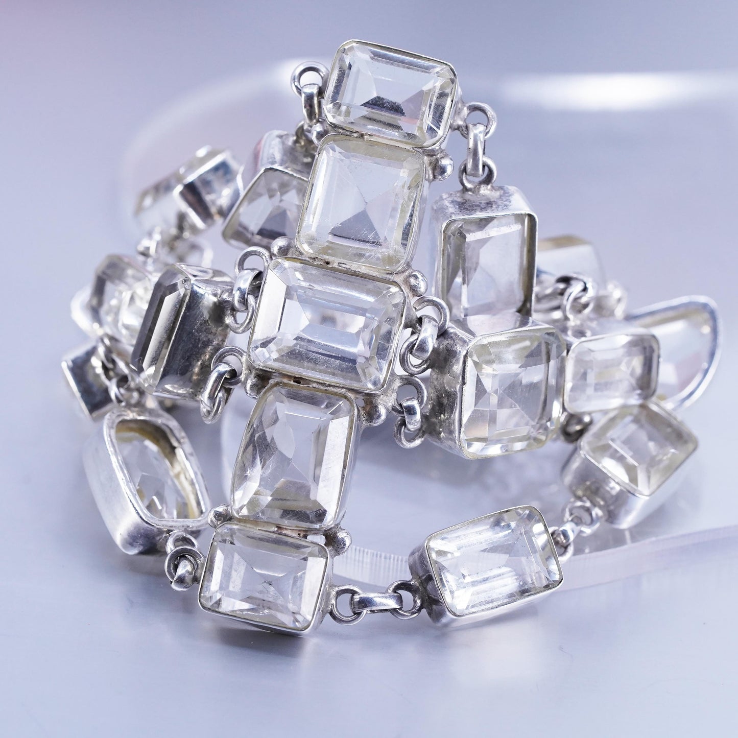 6.75”, vintage Sterling 925 silver handmade bracelet with clear crystal beads